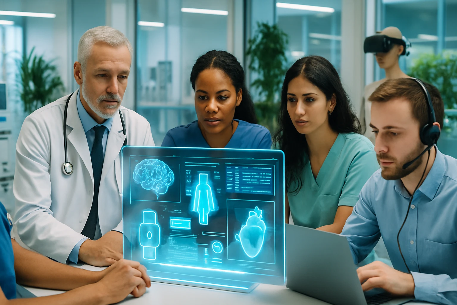 Orvosi szakemberek egy holografikus kijelző előtt, egészségügyi adatokat elemzve.