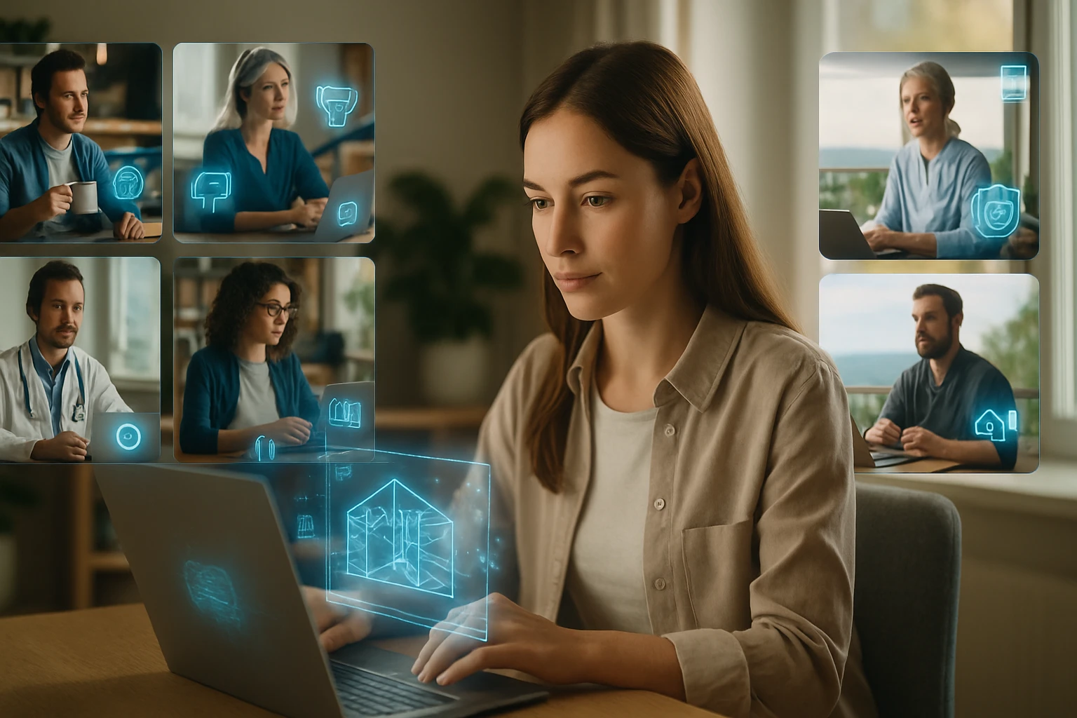 Egy fiatal nő laptop előtt ül, holografikus képek és videók jelennek meg körülötte.