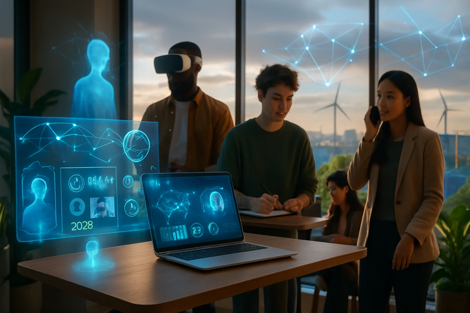 Egy modern irodai környezet, ahol holografikus adatok és VR technológia látható, emberek dolgoznak.