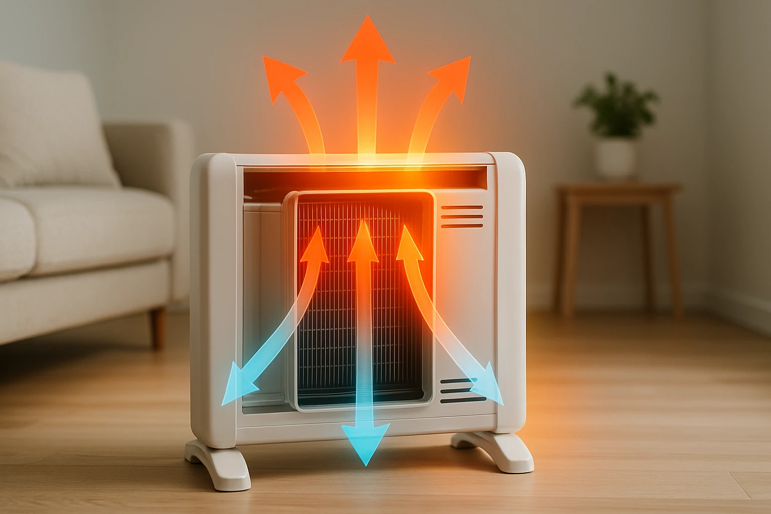 Egy modern hősugárzó, amelyből meleg levegő áramlik ki, otthoni környezetben.