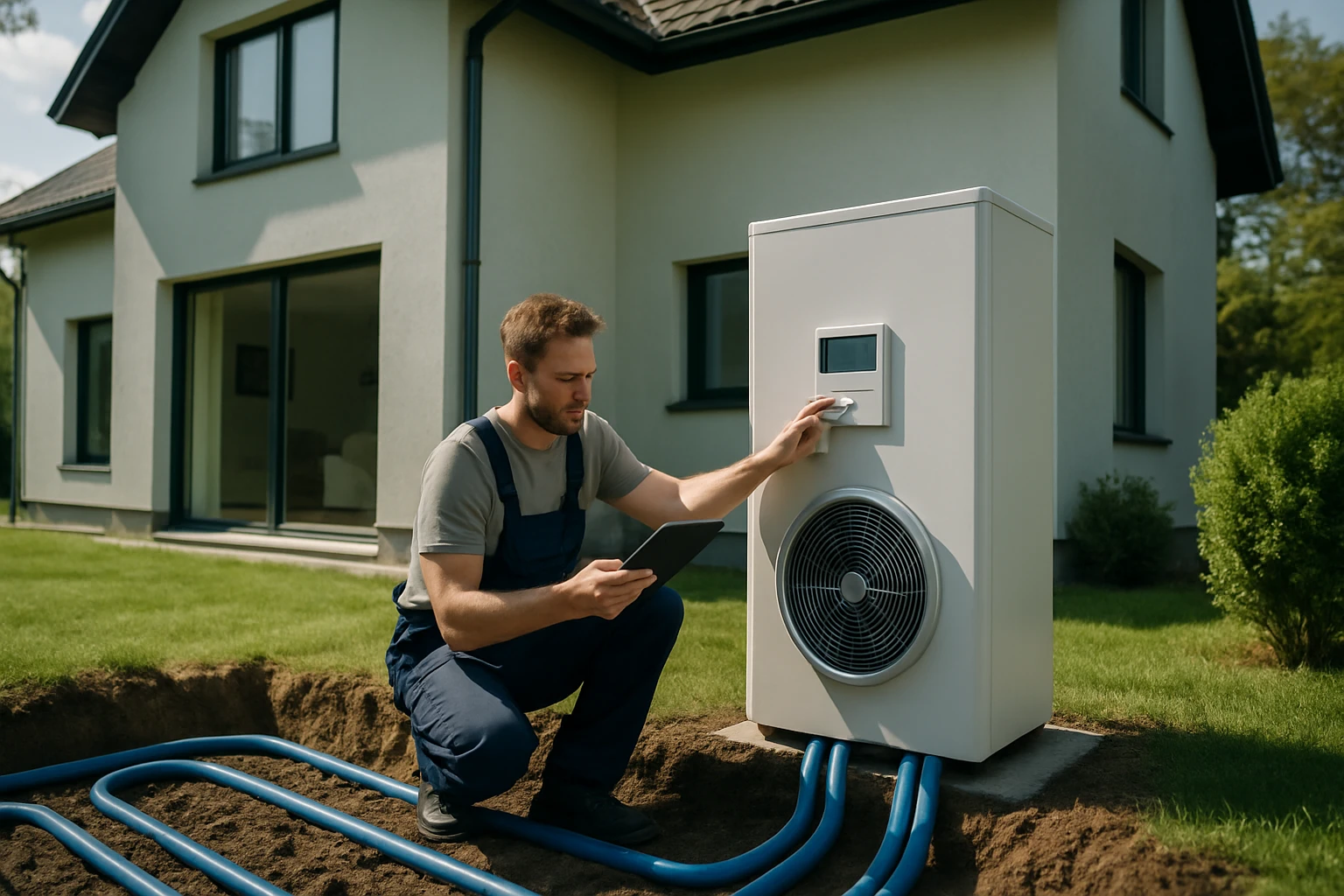 Egy férfi egy hőszivattyú mellett áll, táblagépet használva a beállításokhoz.