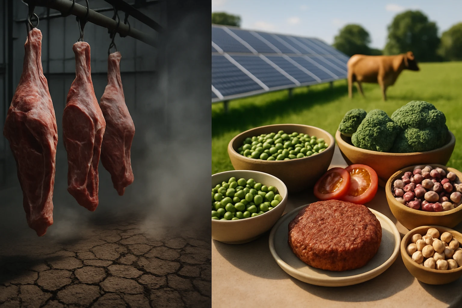 Két különböző étkezési lehetőség: lógó húsdarabok és friss zöldségek, növényi alapú hamburger.