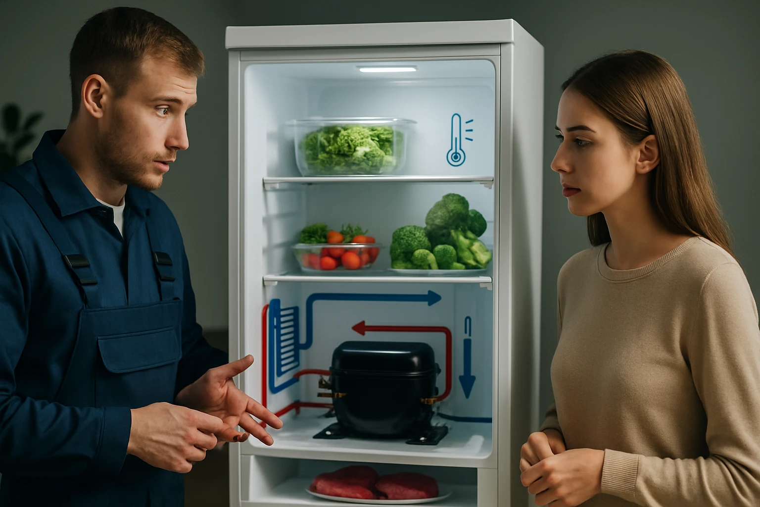 Egy férfi és egy nő beszélget a hűtőszekrény előtt, amely friss zöldségeket és húst tartalmaz.