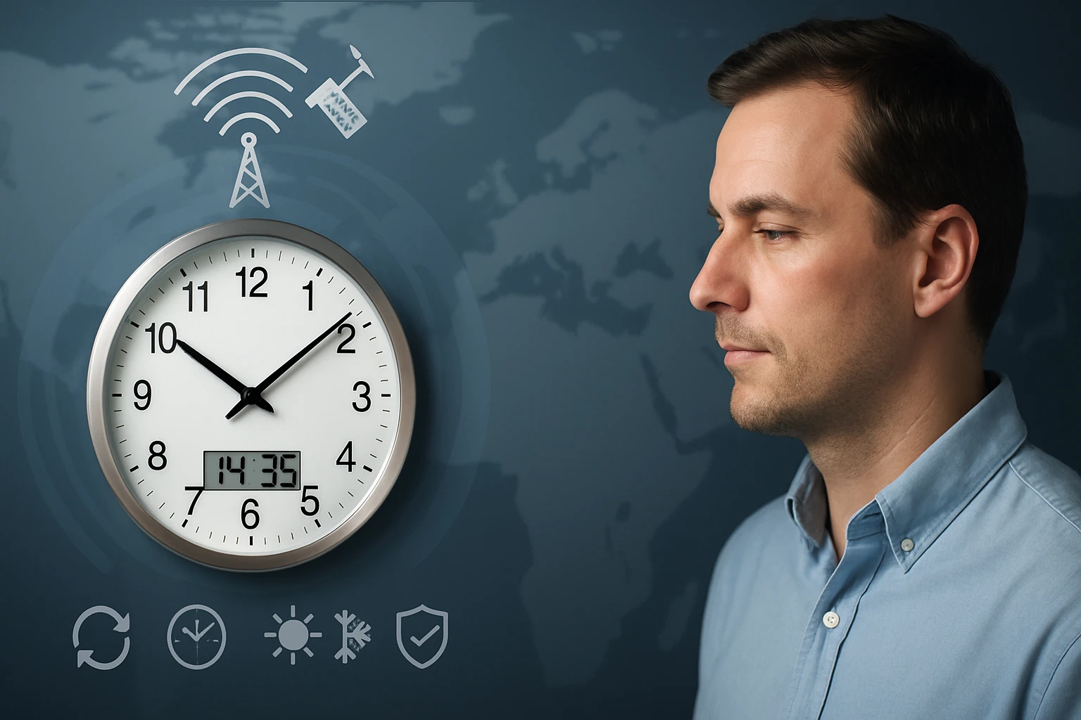 Egy férfi profilja látható, mellette egy falióra és időjárási szimbólumok.