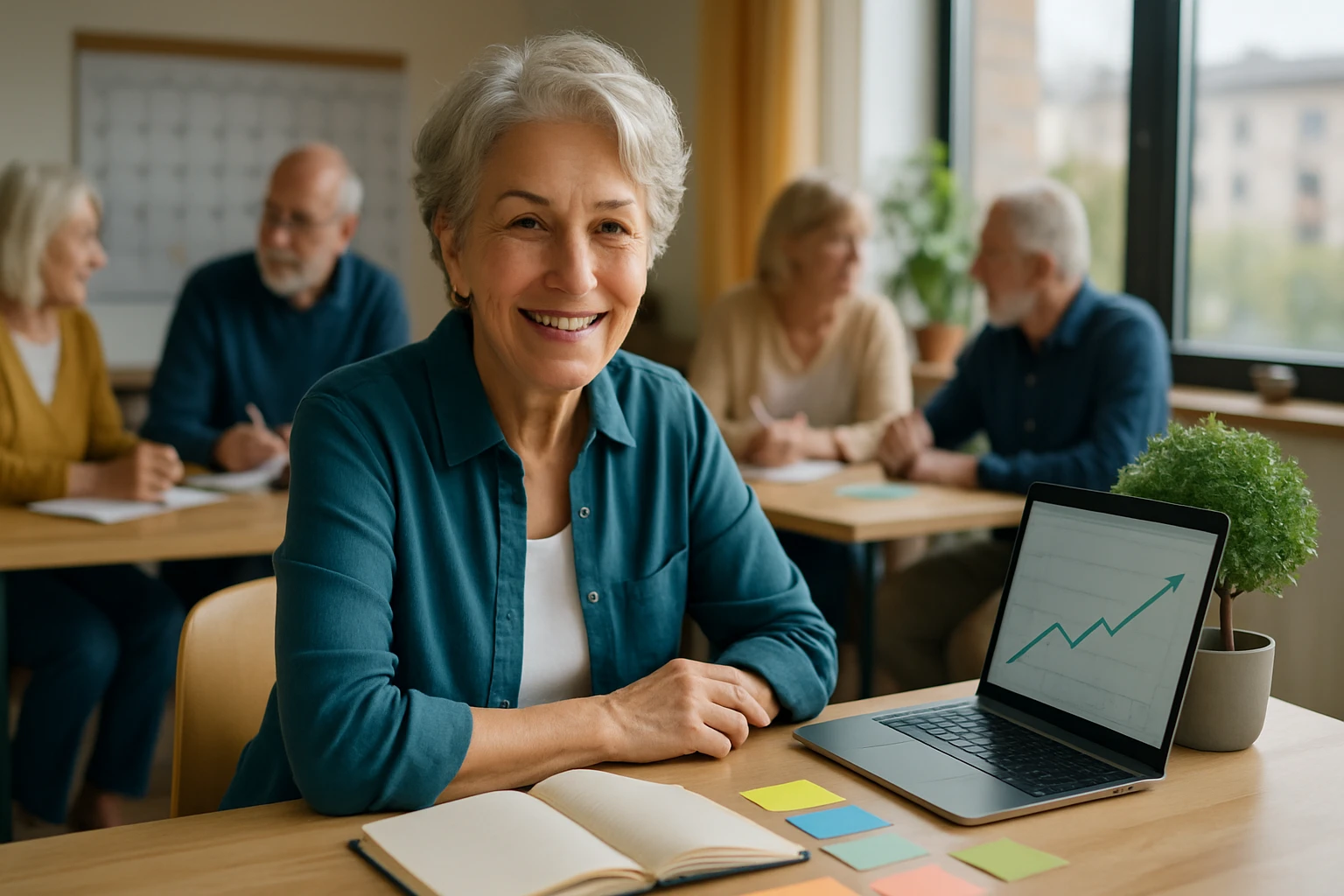 Egy mosolygó idősebb nő ül egy asztalnál, laptopja előtt, háttérben másokkal.