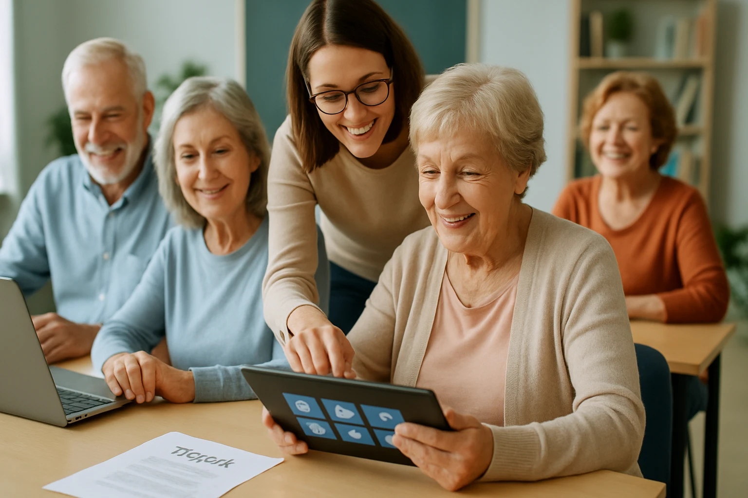 Idősebb felnőttek egy csoportja tanul egy táblagépen, mosolyogva.