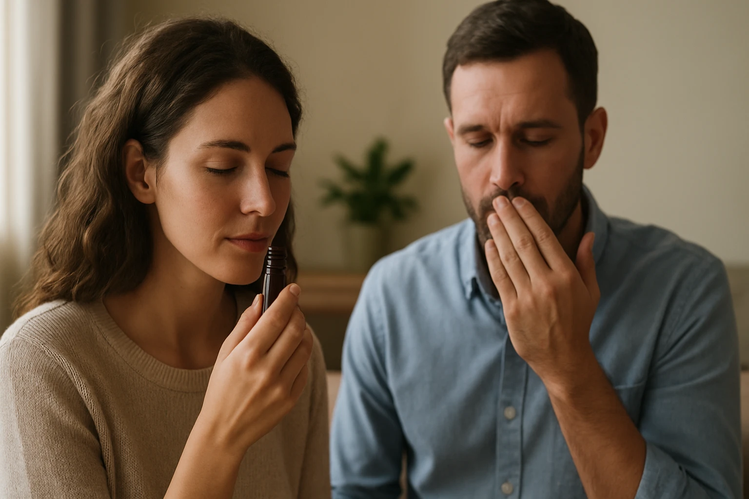 Egy nő és egy férfi ül egy szobában, a nő egy illóolajat szagol, míg a férfi figyelmesen nézi.