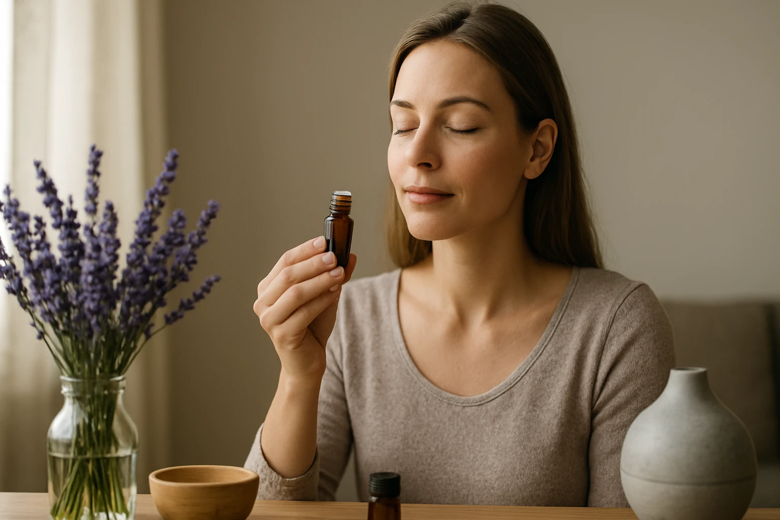 Egy nő illóolajat szagol, miközben levendulák állnak mellette.