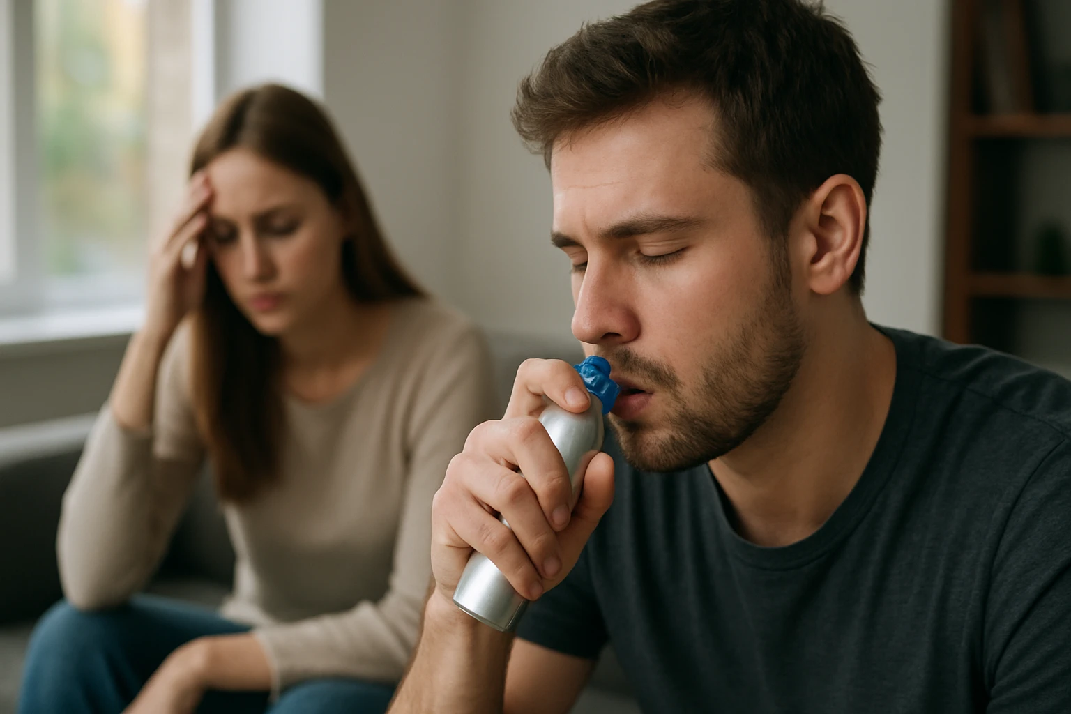 Egy férfi inhalál egy ezüst inhaláló készülékkel, míg egy nő a háttérben aggodalommal néz.