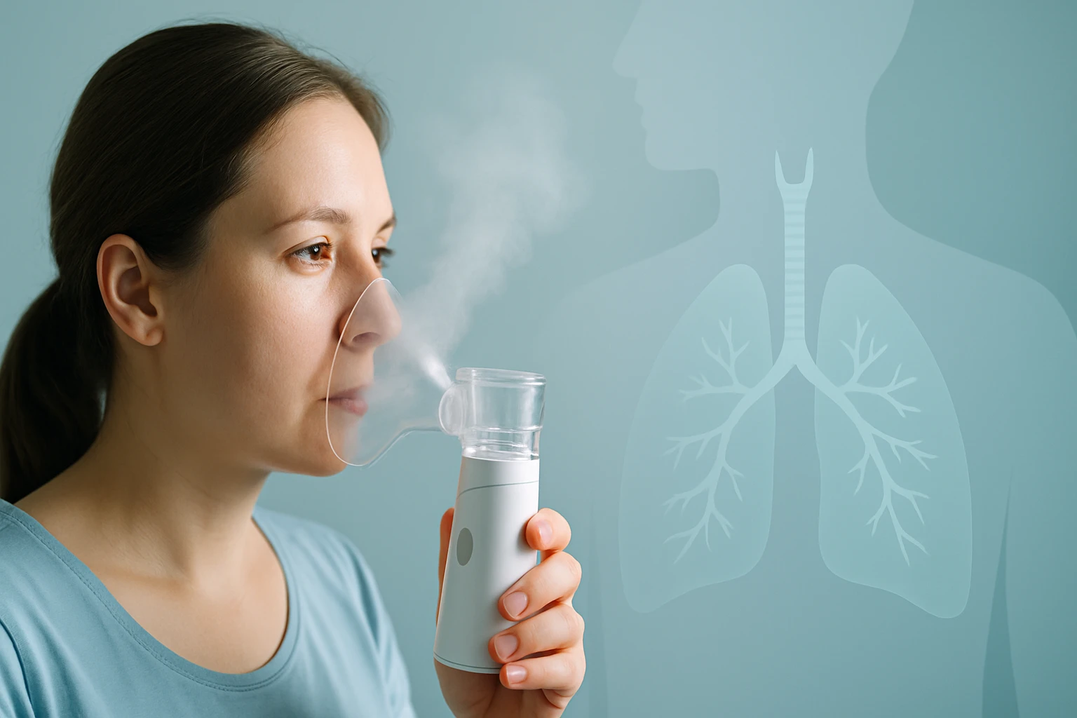 Egy nő inhalál egy porlasztóból, miközben a háttérben a tüdő ábrája látható.