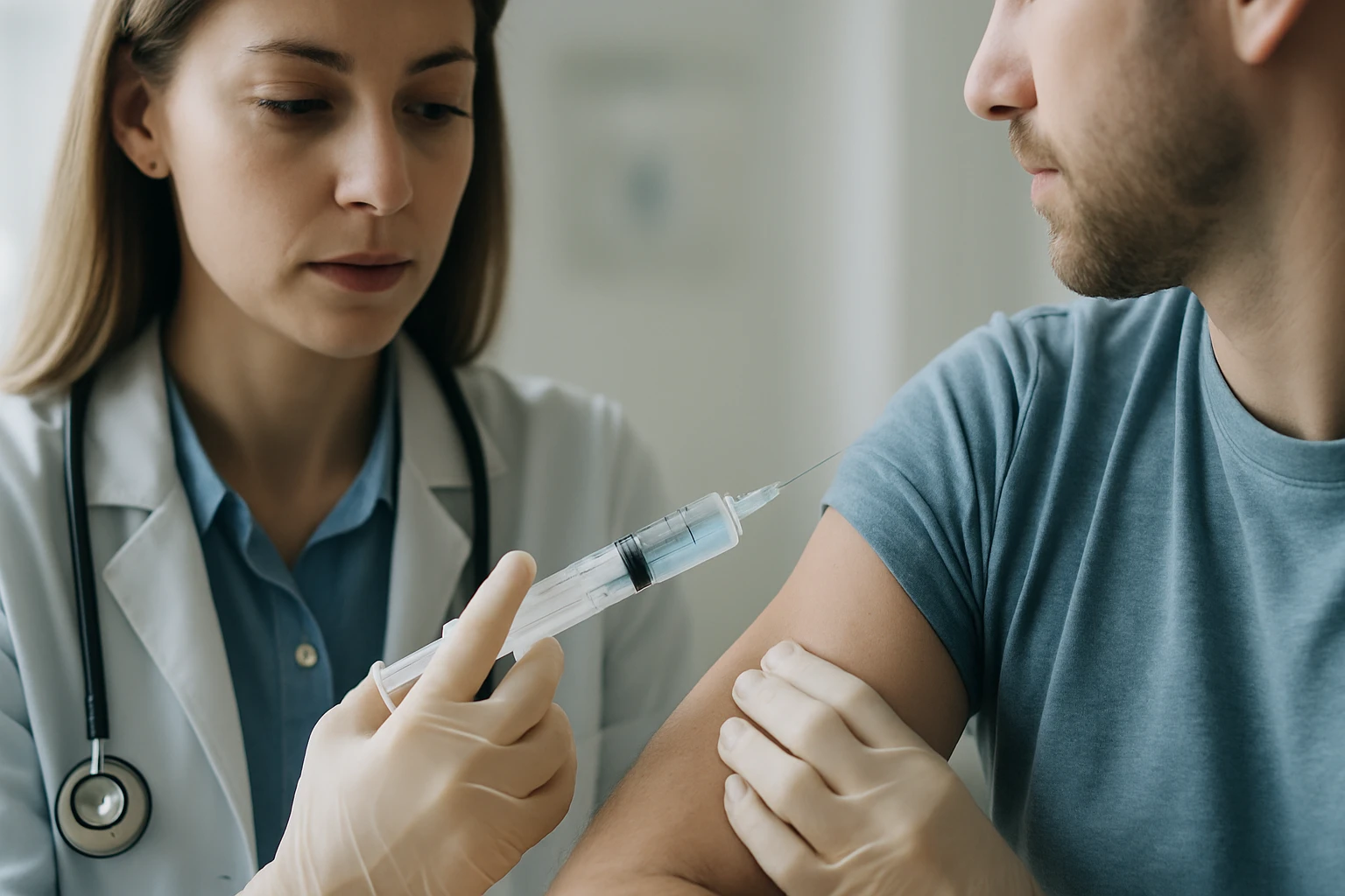 Egy orvos injekciót ad egy férfinak, aki a karját nyújtja.