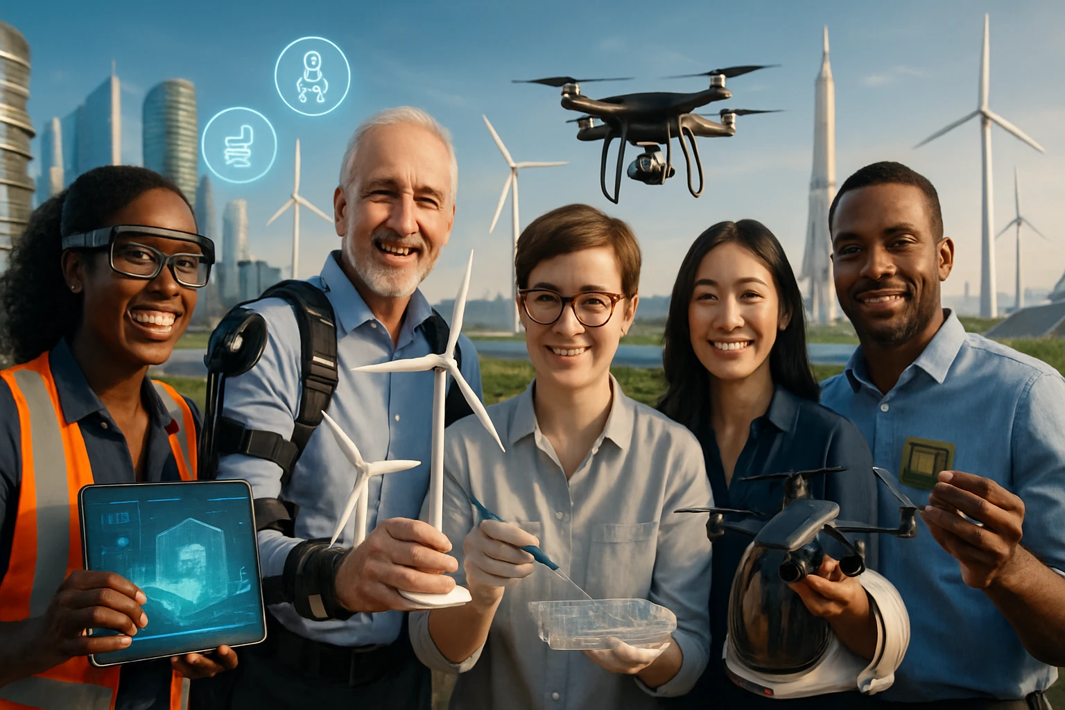 Öt szakember áll a szélgenerátorok és felhőkarcolók előtt, technológiai eszközökkel a kezükben.