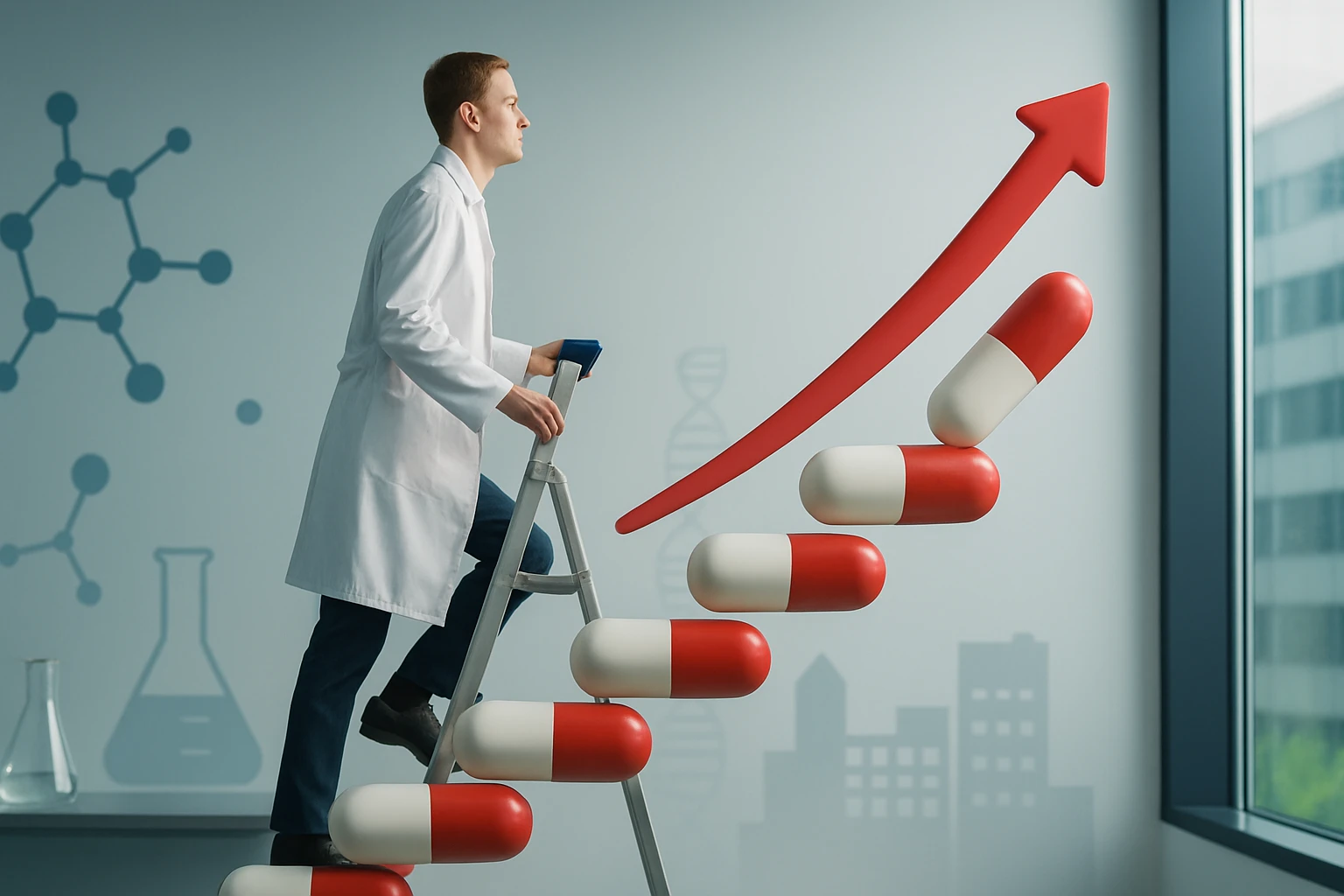 Egy laboratóriumi köpenyt viselő férfi létrán áll, miközben gyógyszerekből készült lépcsőn halad felfelé.