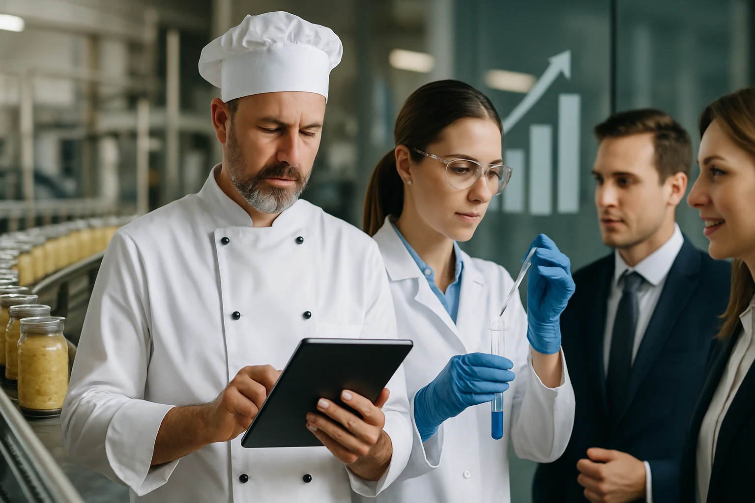 Egy séf és egy tudós laboratóriumi környezetben dolgozik, miközben üzleti partnerek figyelik őket.