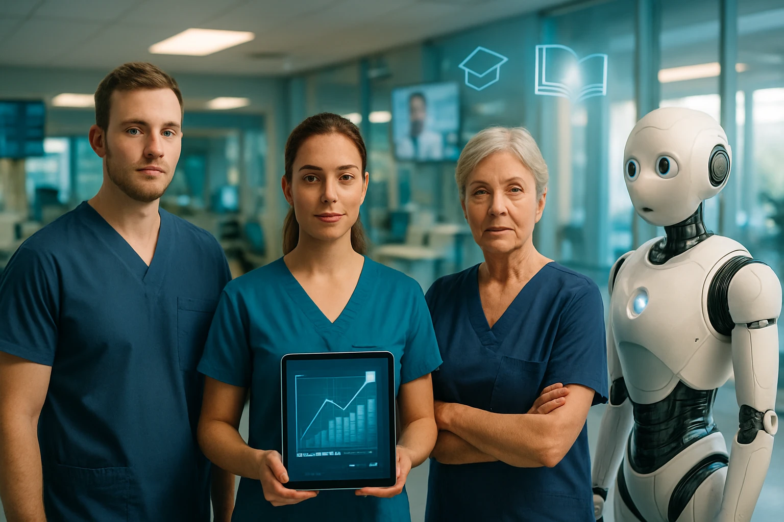 Három egészségügyi szakember és egy robot áll egy kórházi környezetben, táblagépen grafikon látható.