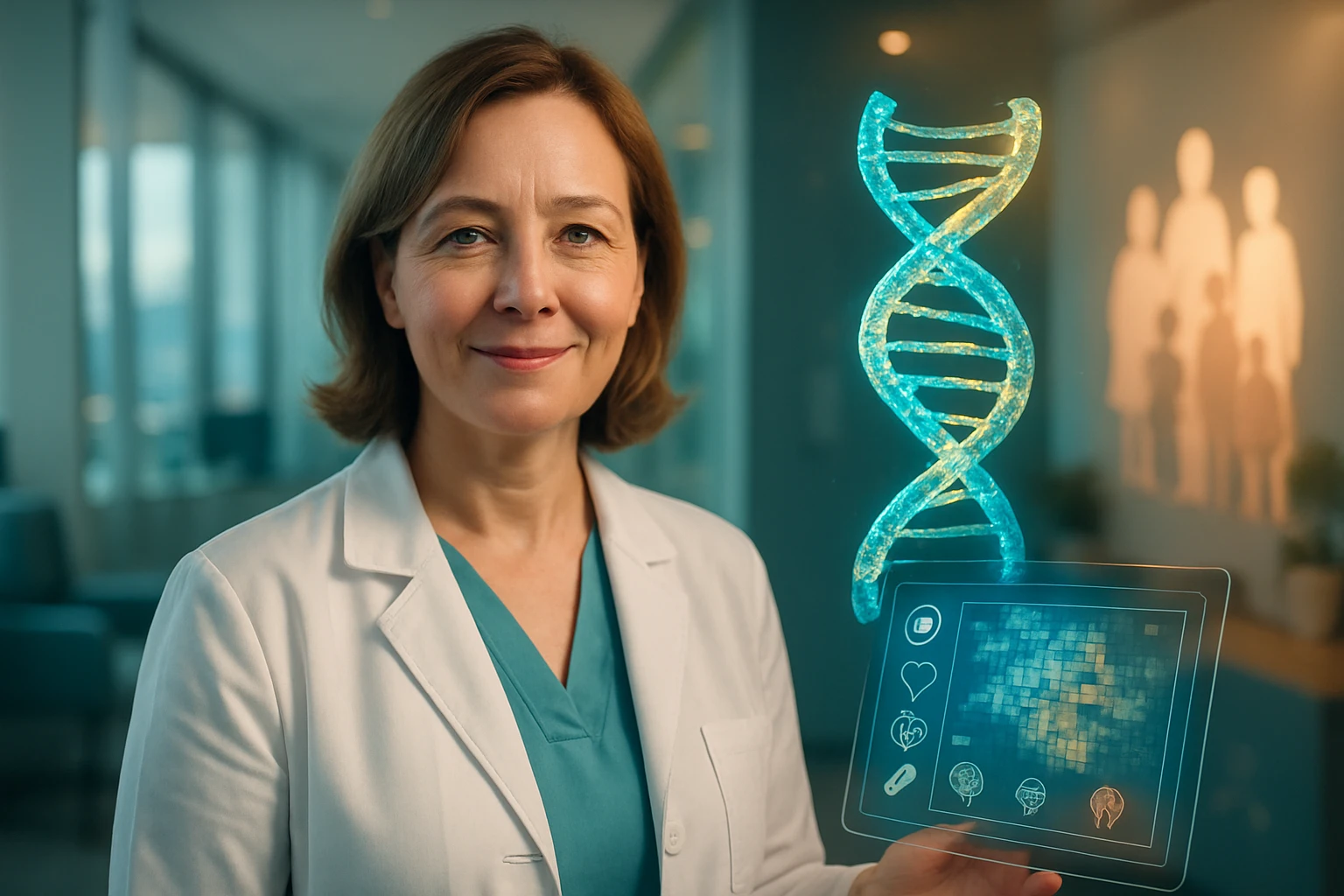 Egy orvos mosolyogva áll, kezében egy holografikus táblagéppel, amelyen DNS spirál látható.