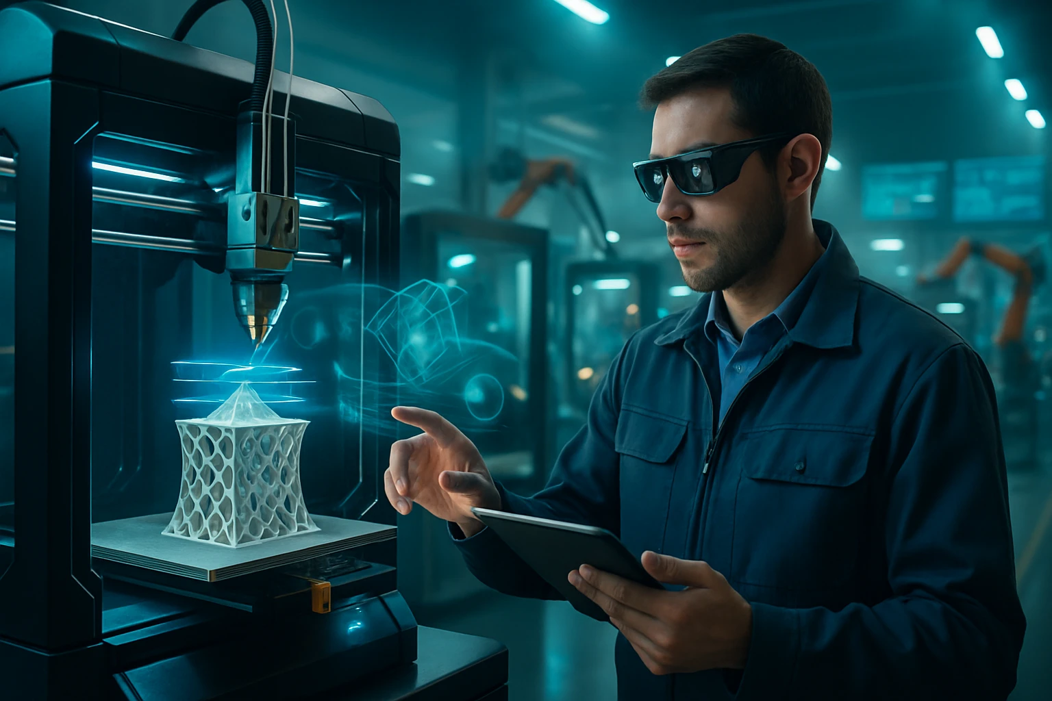 Egy férfi figyel egy 3D nyomtatóra, miközben holografikus modellek jelennek meg.