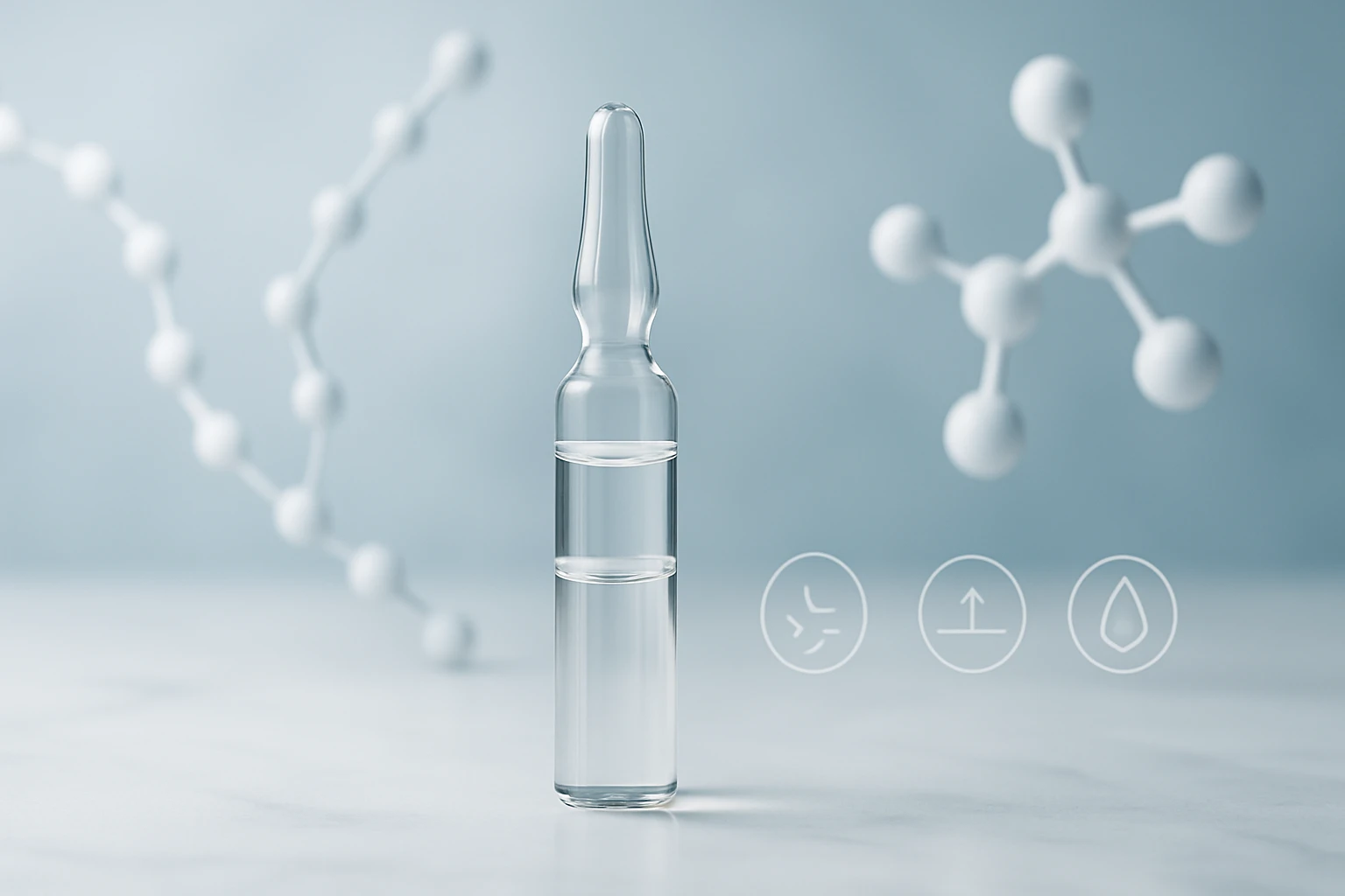Egy üveg ampulla, benne tiszta folyadékkal, háttérben molekulák láthatók.