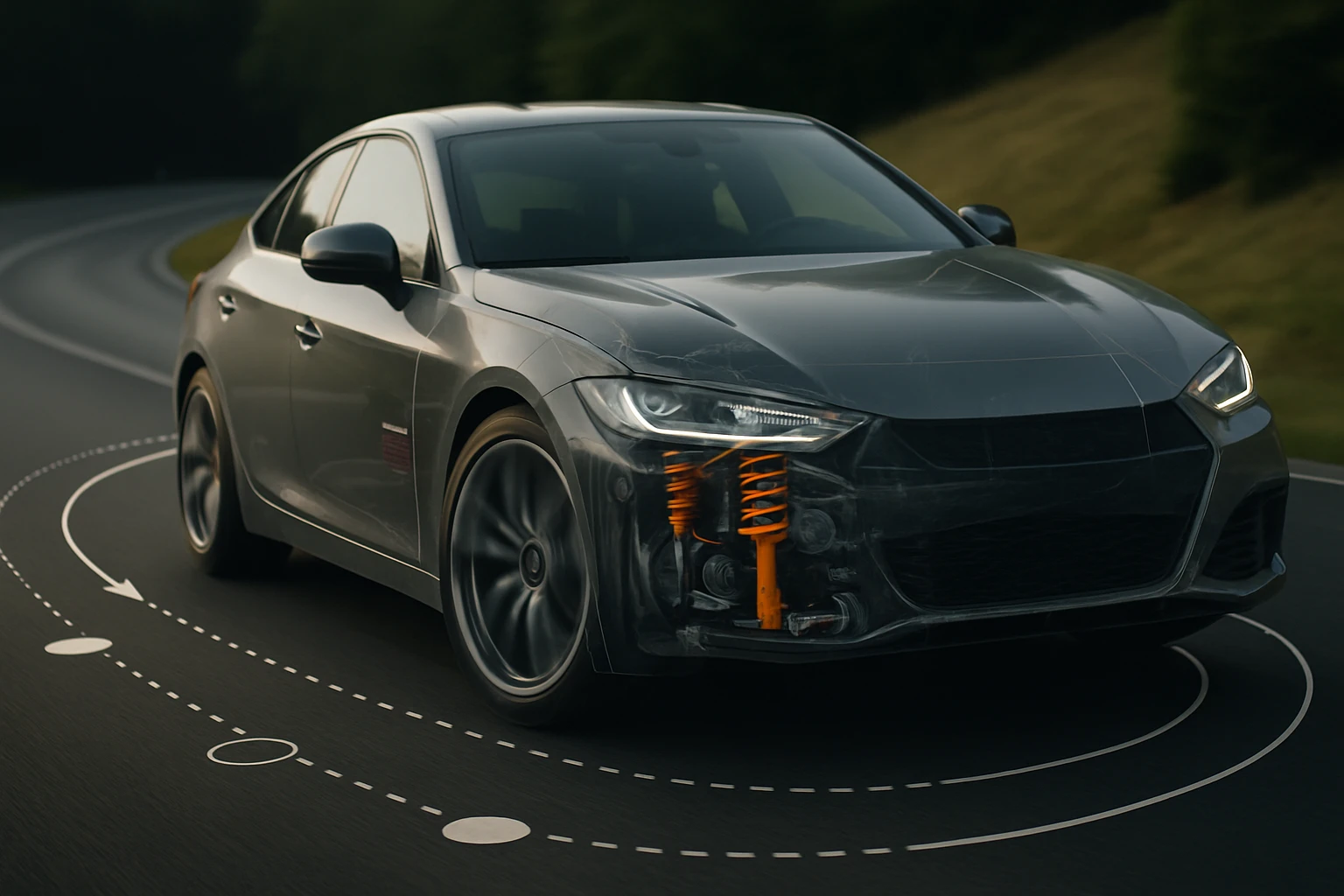 Egy modern autó, amelynek látható a felfüggesztése és a kerekek mozgása egy kanyargós úton.