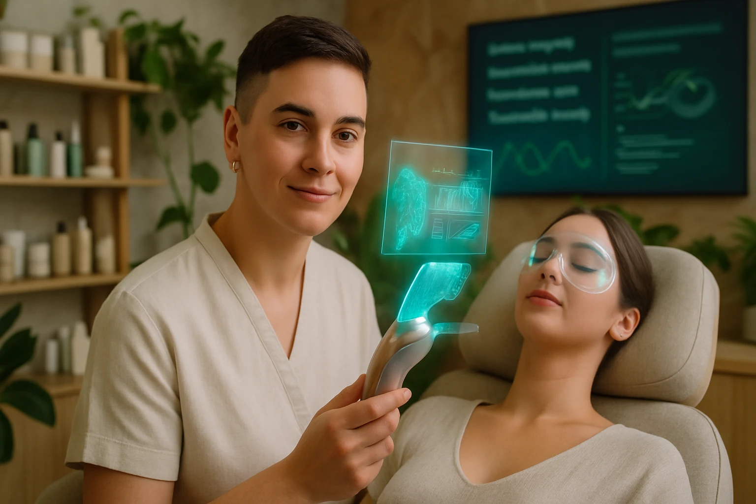 Egy kozmetikus modern technológiát használ a vendég bőrének elemzésére.