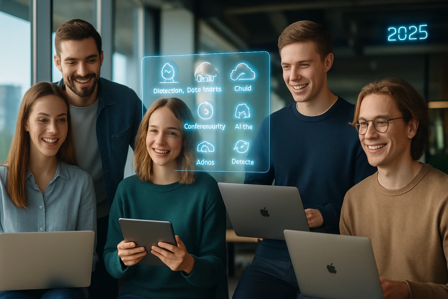 Öt fiatal szakember ül egy modern irodában, digitális eszközöket használva, mosolyogva.