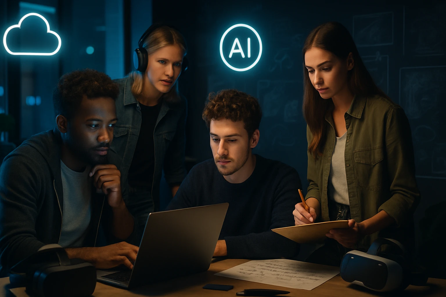 Négy fiatal szakember dolgozik egy laptop előtt, AI és felhő ikonokkal a háttérben.