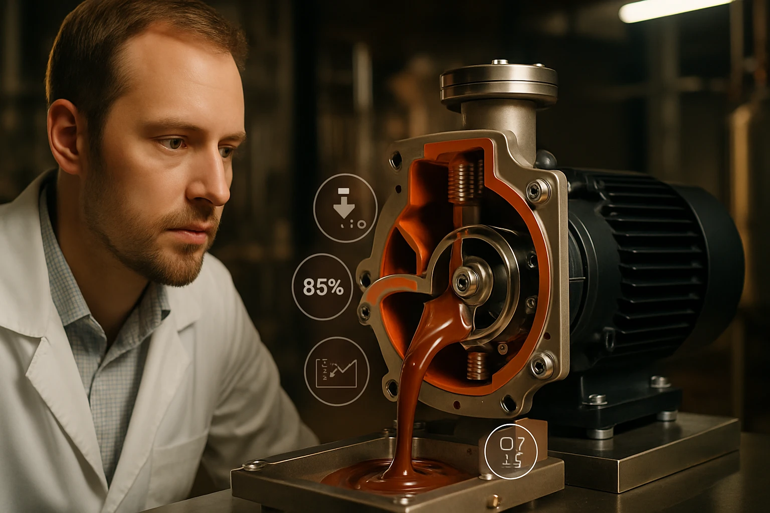 Egy férfi laboratóriumi köpenyben figyeli a csokoládé folyását egy gépből.