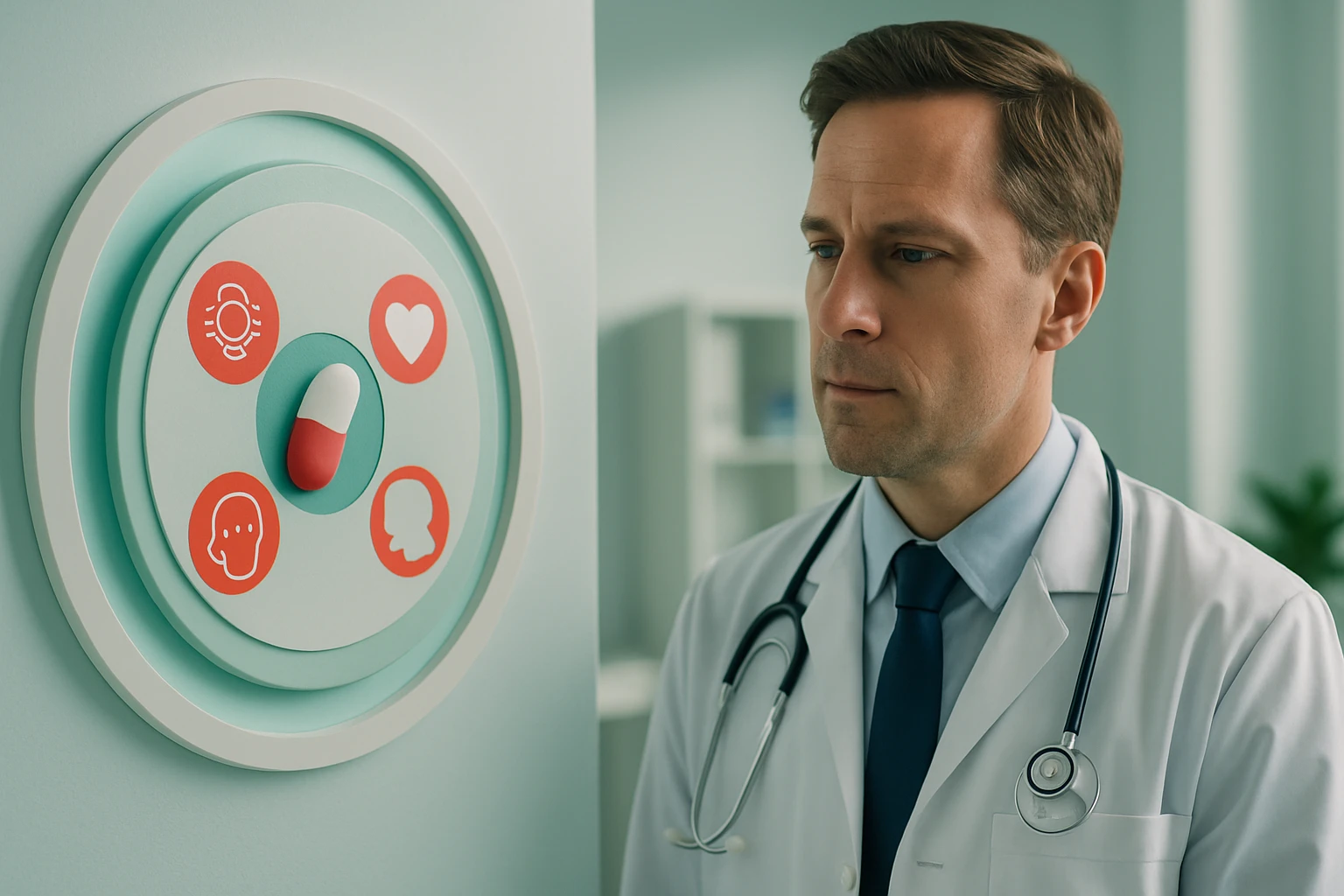 Egy orvos figyelmesen néz egy falra szerelt, gyógyszereket és szimbólumokat ábrázoló panelt.