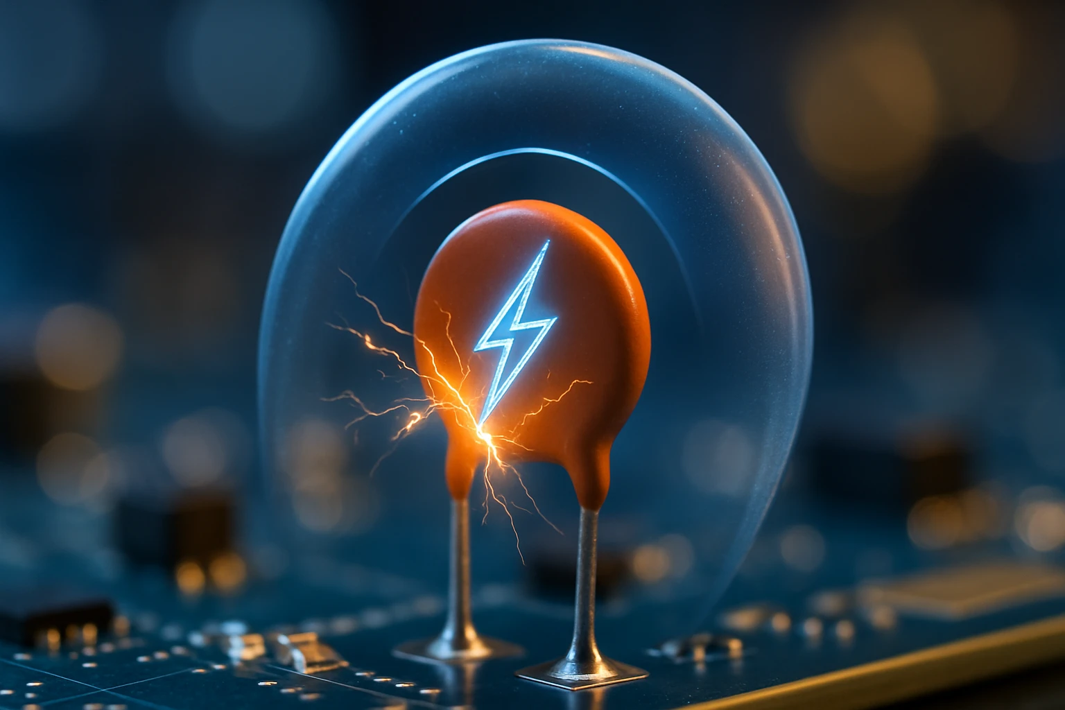 Egy elektronikai alkatrész, amelyen villám szimbólum látható, háttérben áramkör.