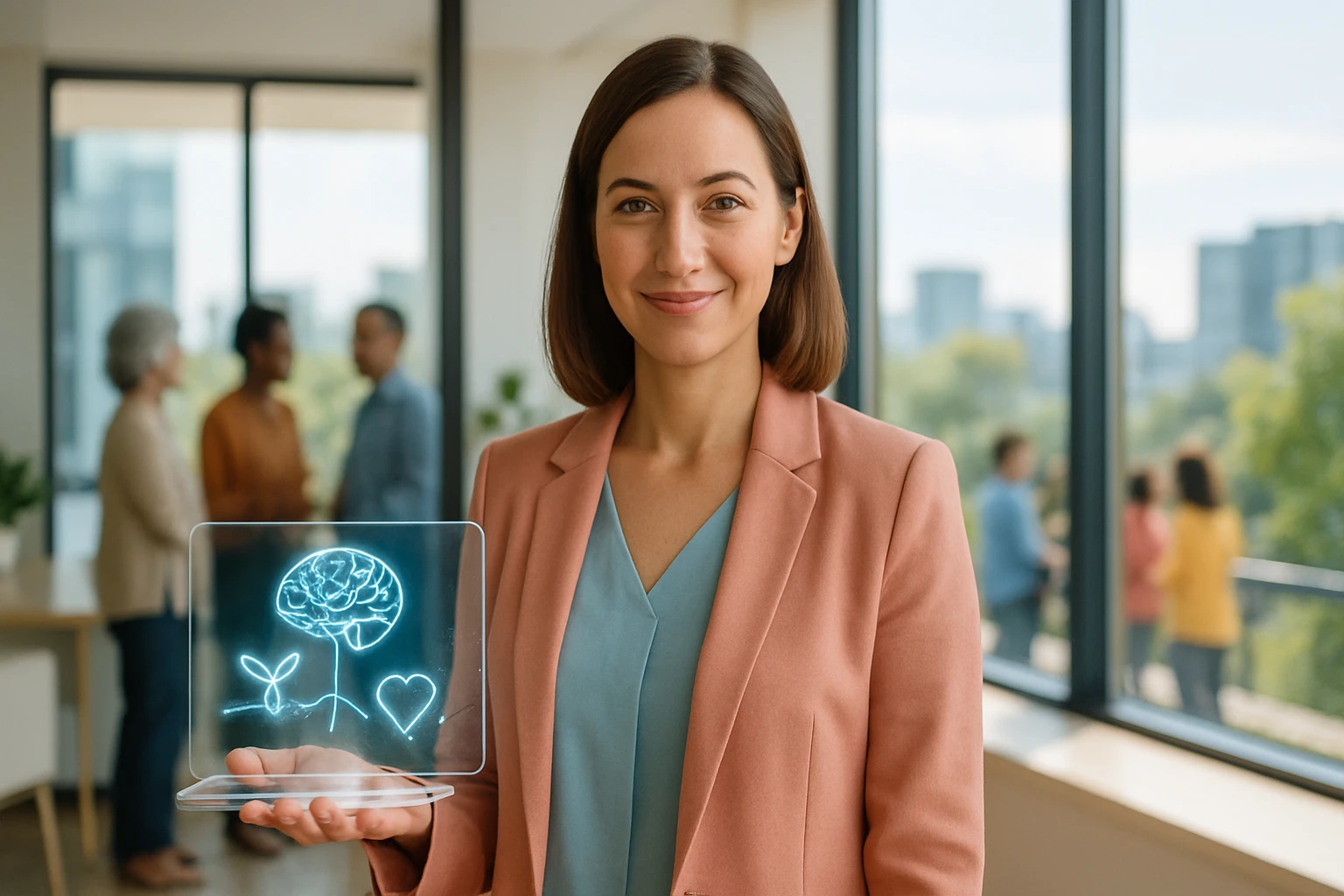 Egy nő mosolyogva tart egy holografikus ábrát, amely agyat, növényt és szívet ábrázol.