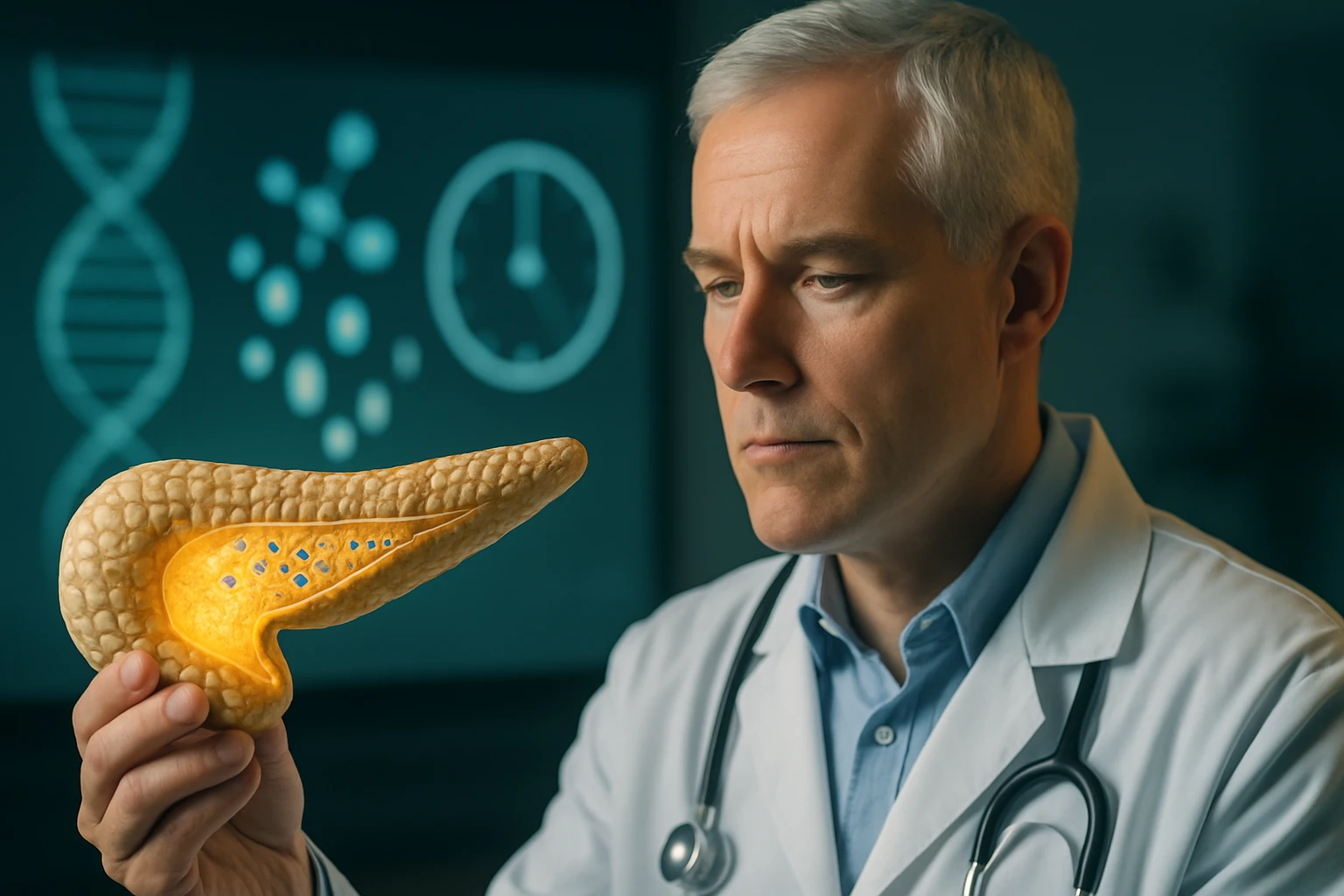 Egy orvos egy világító hasnyálmirigyet vizsgál, miközben háttérben tudományos ábrák láthatók.