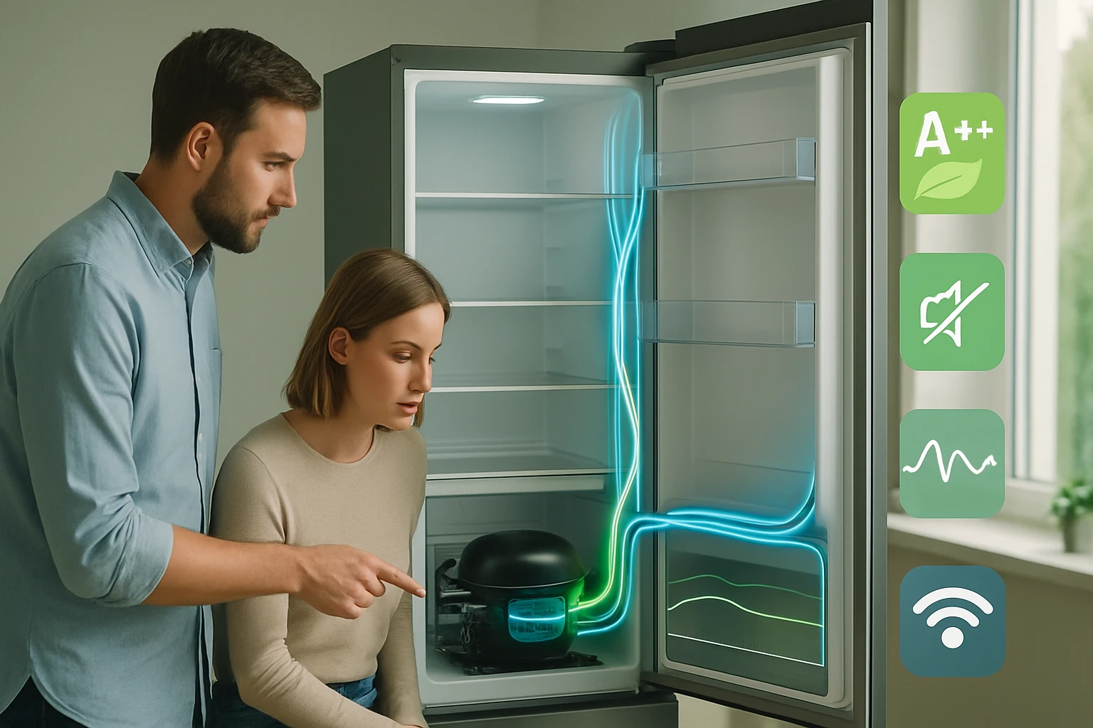 Egy férfi és egy nő egy modern hűtőszekrény előtt állnak, miközben a hűtő működését figyelik.