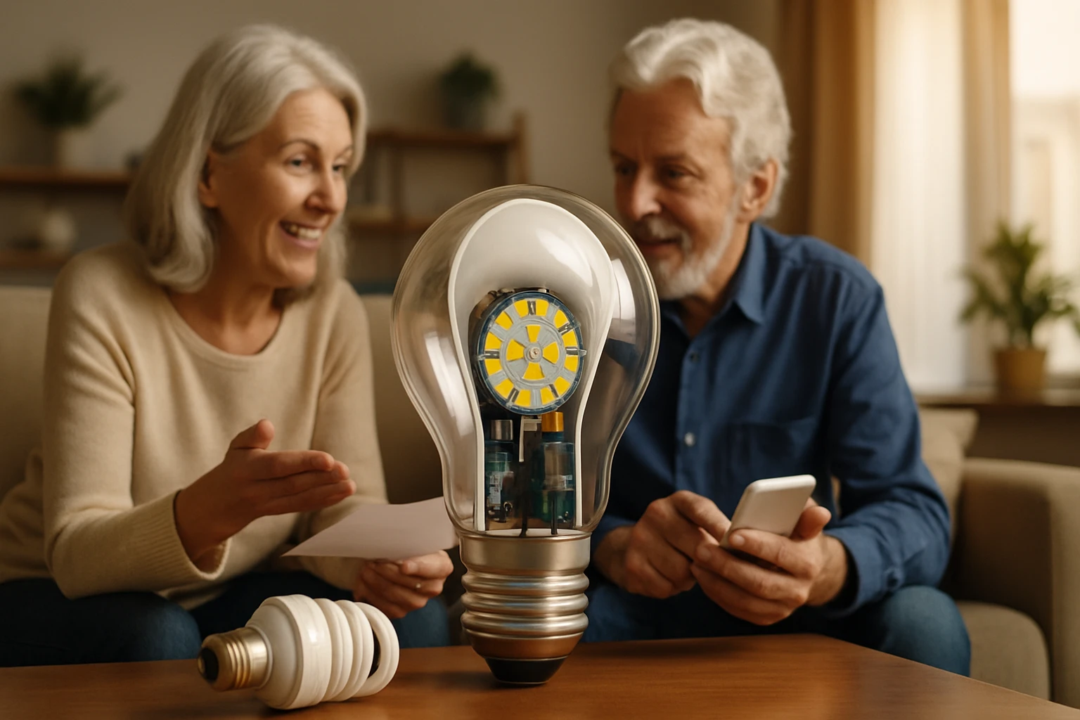 Idős pár beszélget egy innovatív, átlátszó izzóról, amelynek belseje látható.