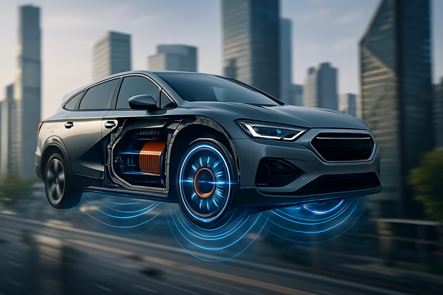 Egy modern, lebegő autó, amelynek oldalán látható a belső elektromos motor és akkumulátor.