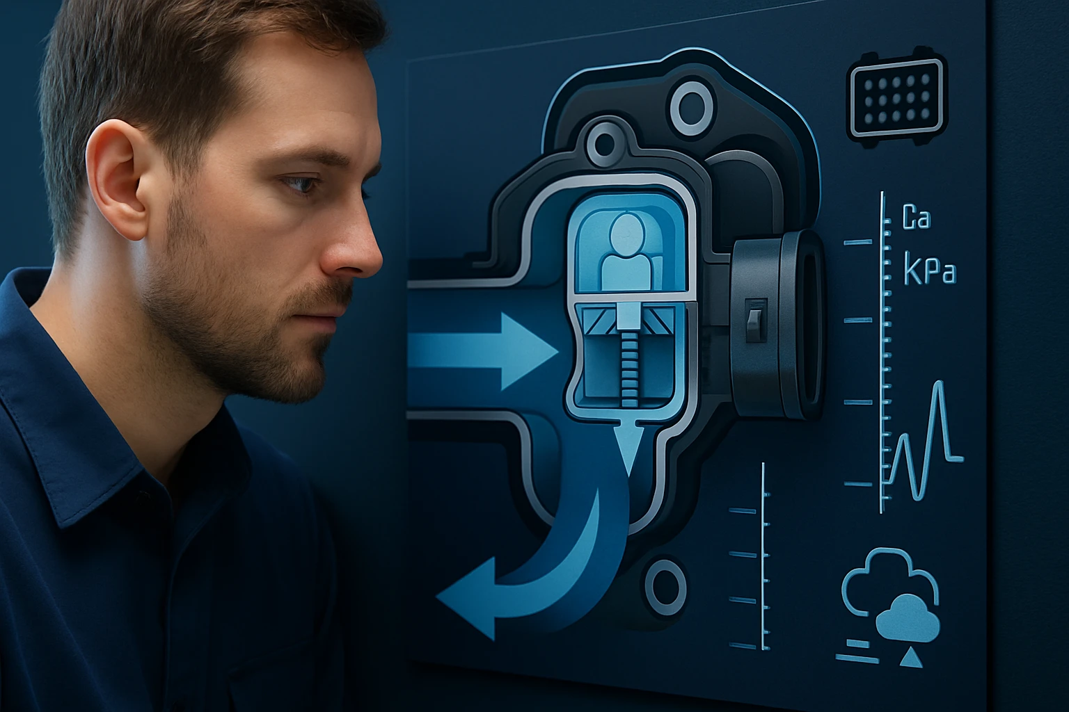 Egy férfi figyelmesen néz egy technikai ábrát, amely egy mechanikai rendszert ábrázol.