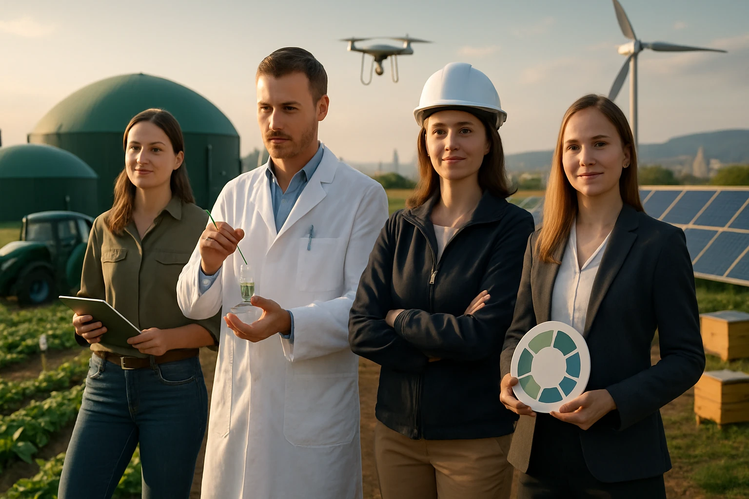 Négy szakember áll egy modern mezőgazdasági területen, zöld tartályok és napenergia-panelek között.