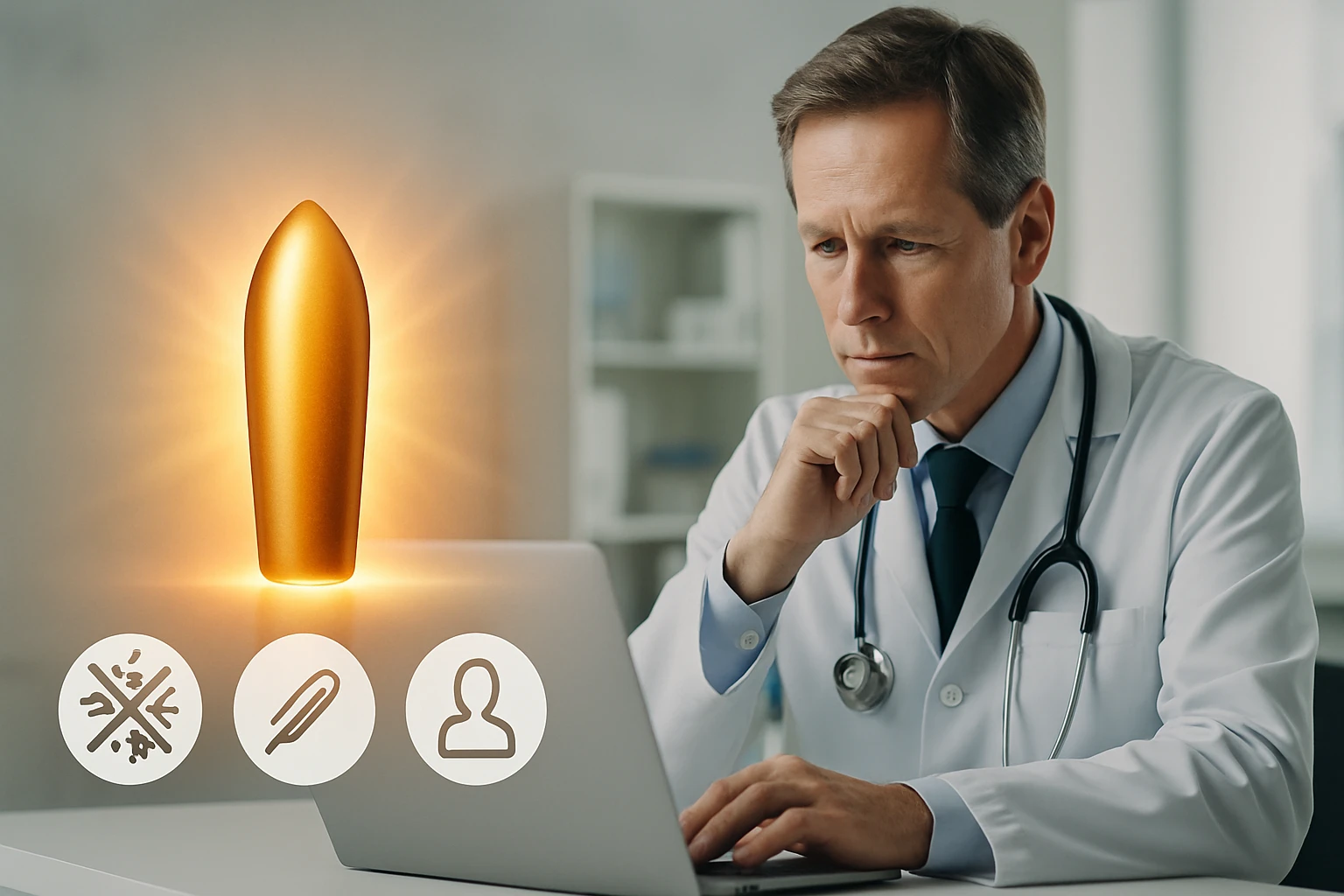 Egy orvos gondolkodik a számítógép előtt, arany színű eszköz látható mellette.
