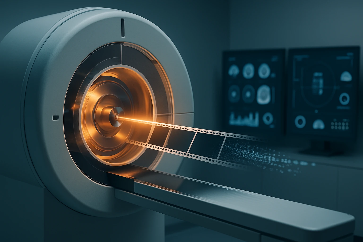 Egy modern orvosi képalkotó berendezés, amely filmeket dolgoz fel, háttérben monitorokkal.