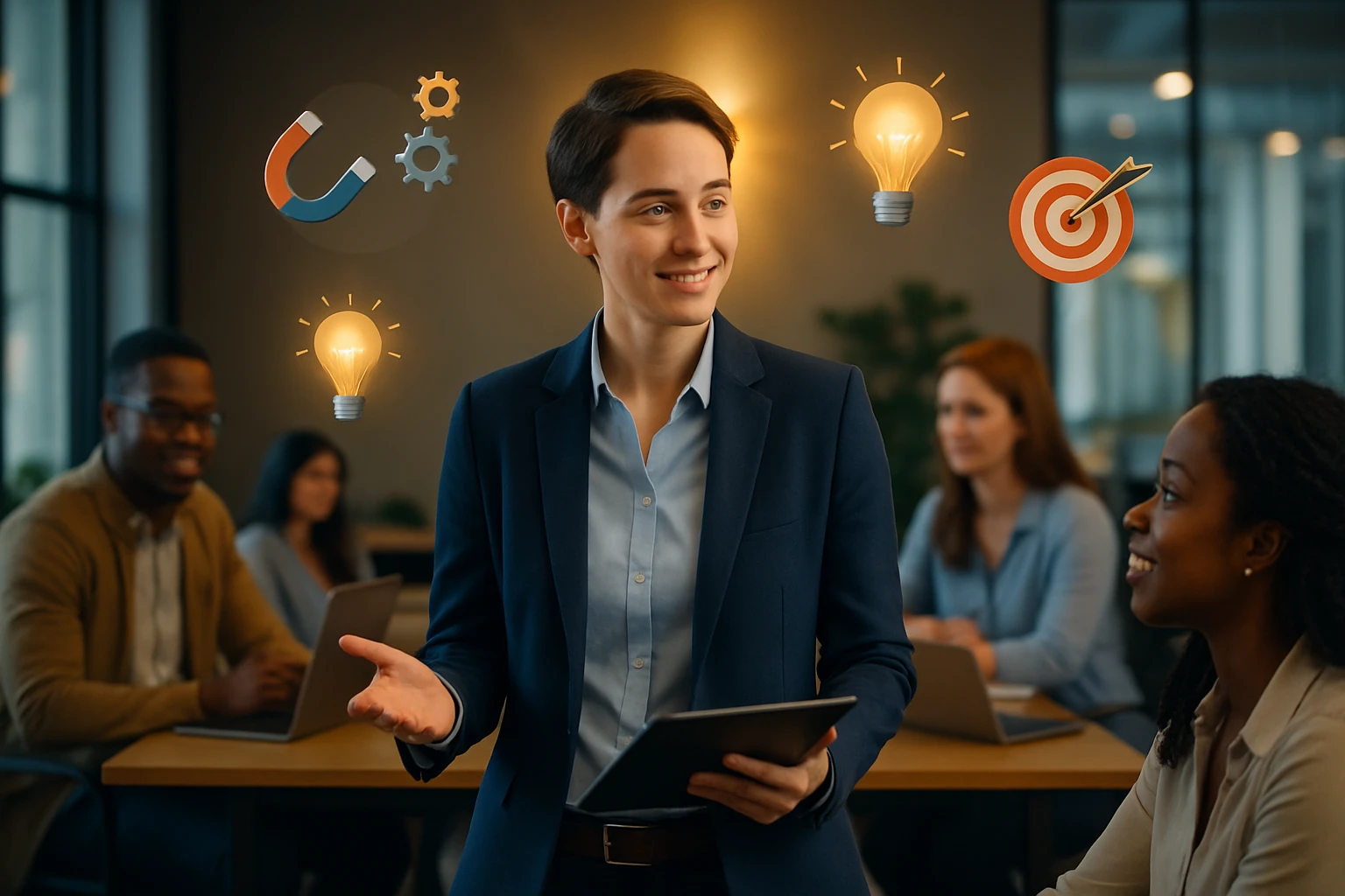 Egy fiatal nő bemutatót tart egy csapatnak, miközben ötletek és szimbólumok lebegnek körülötte.