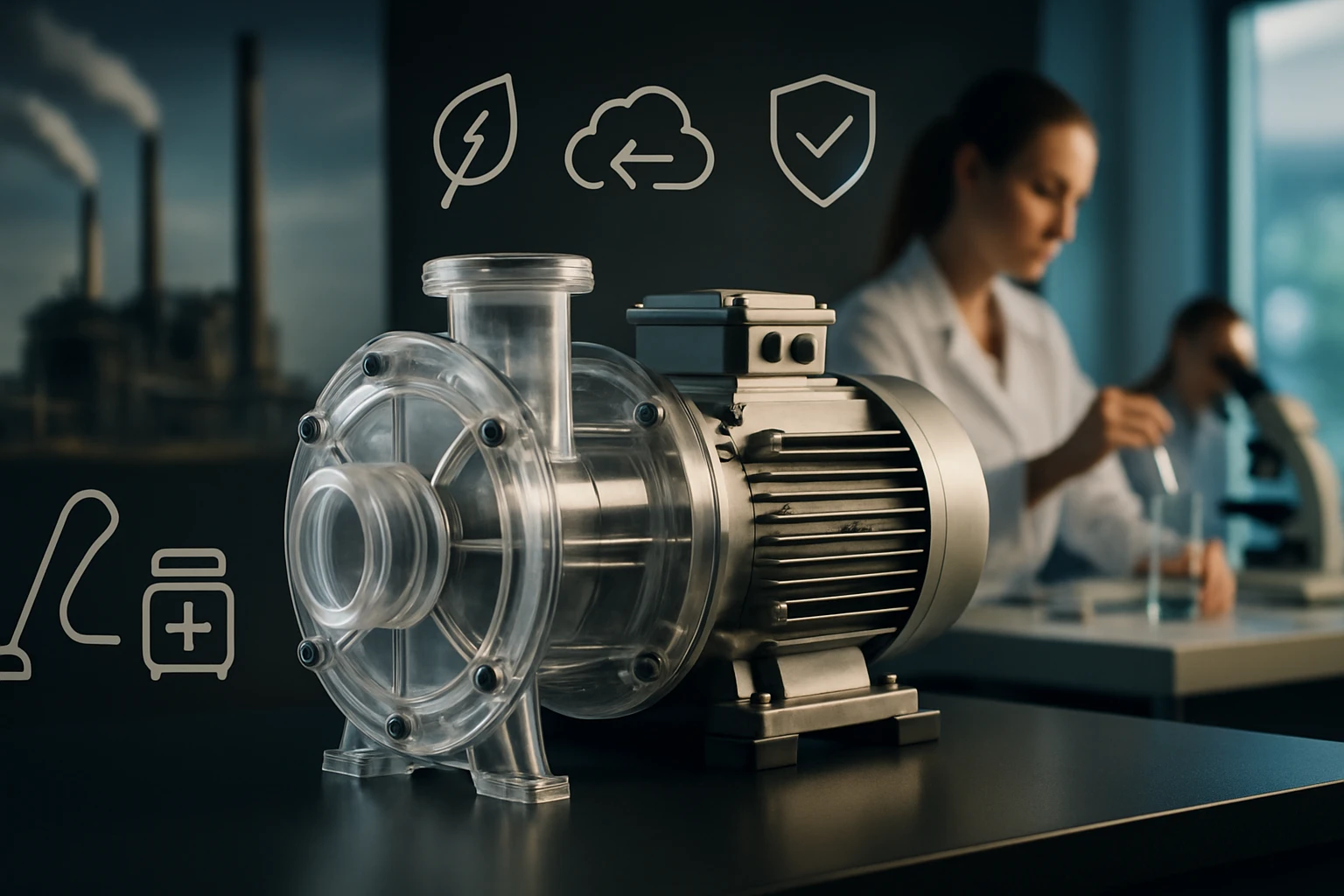 Egy modern, átlátszó burkolatú szivattyú, háttérben laboratóriumi környezetben dolgozó kutatók.