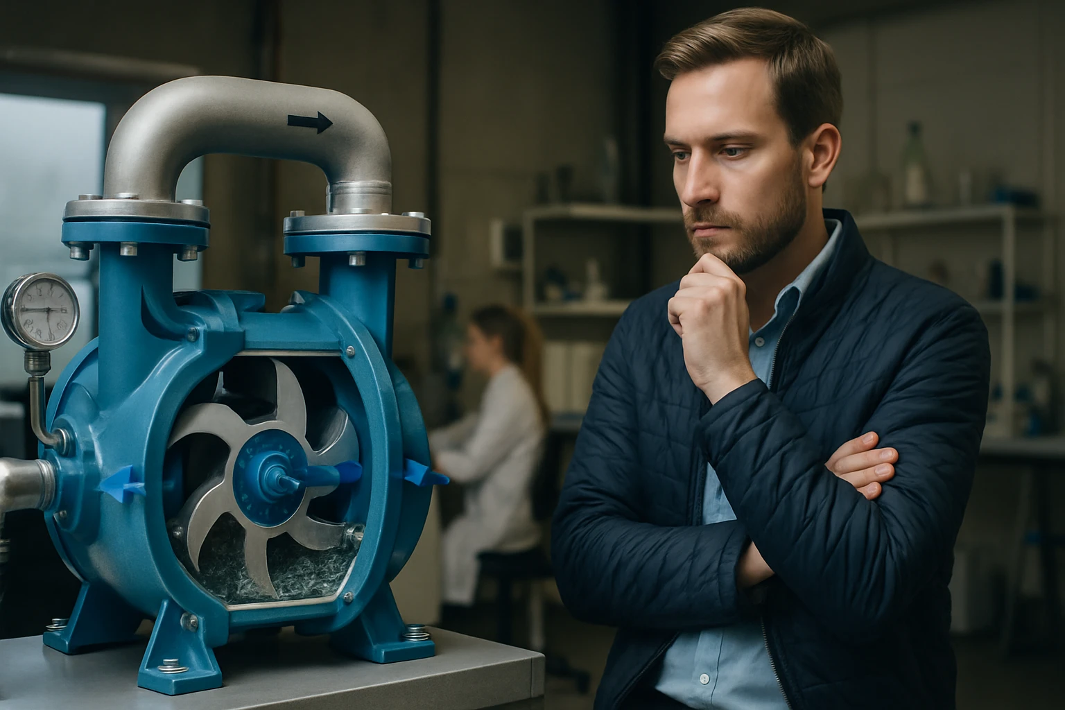 Egy férfi gondolkodik egy kék színű szivattyú előtt, laboratóriumi környezetben.