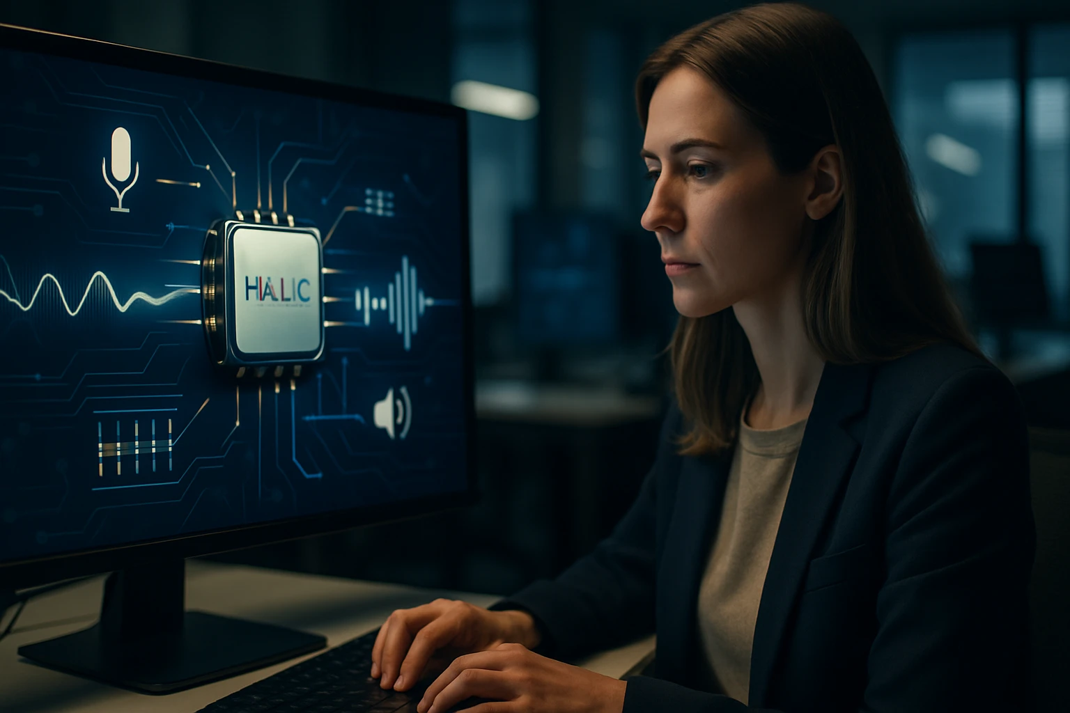 Egy nő dolgozik egy számítógépnél, háttérben technológiai grafika látható.