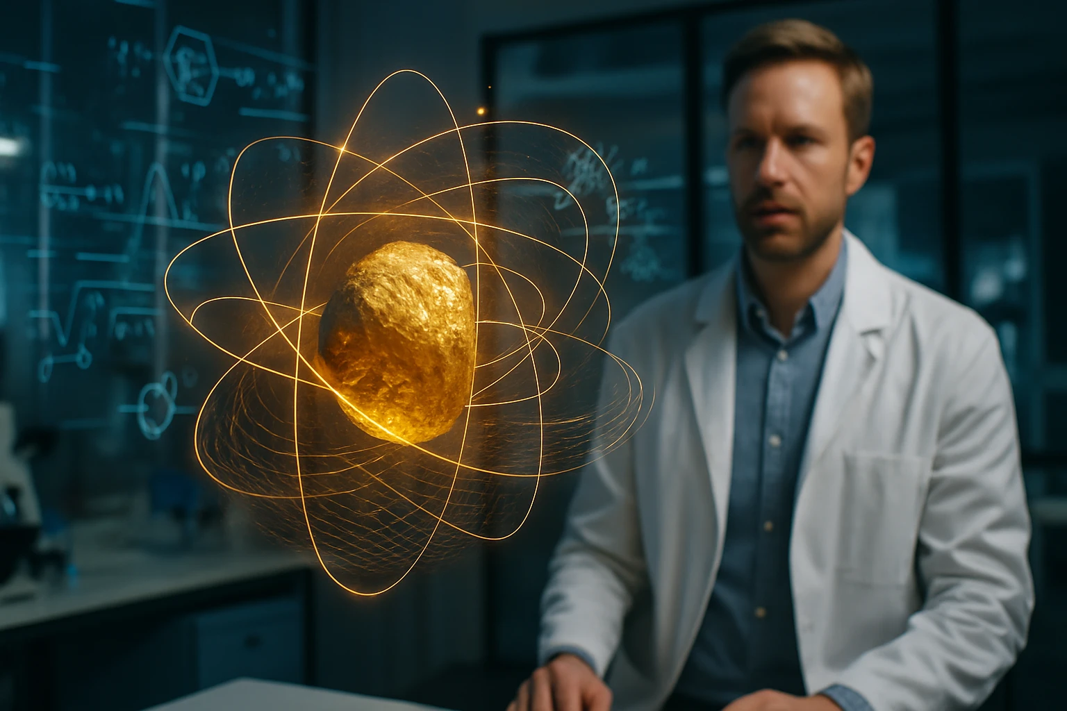 Egy laboratóriumban dolgozó tudós, aki egy arany színű atommodellt figyel.