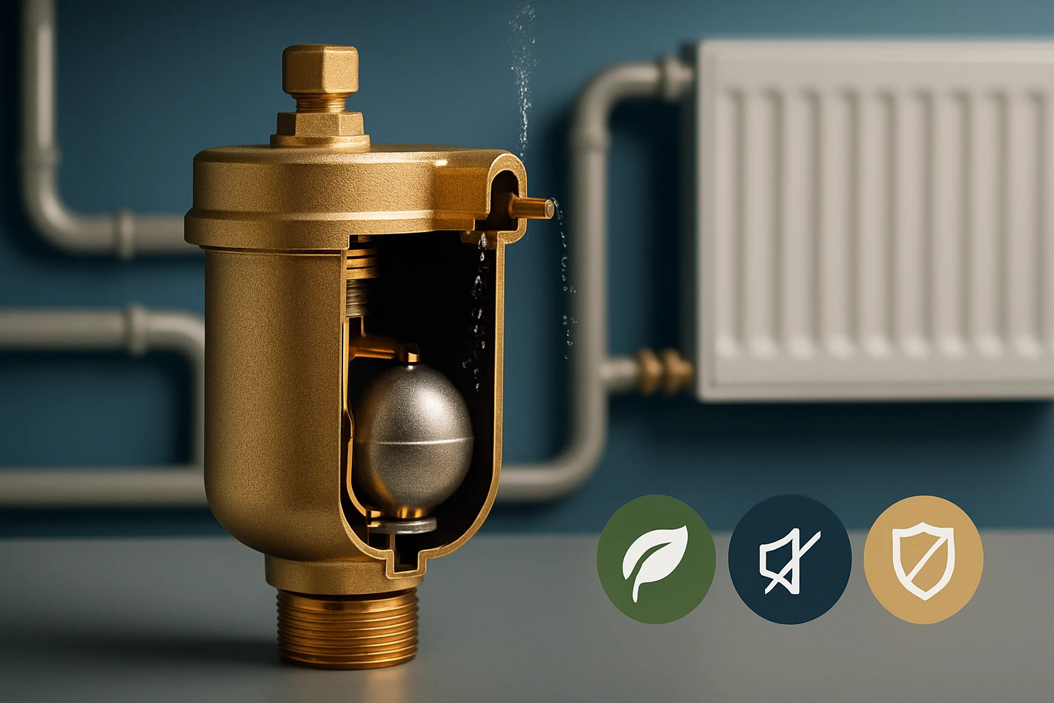 Egy arany színű, részben átlátszó vízszabályozó szelep, amelyből vízcseppek szivárognak.