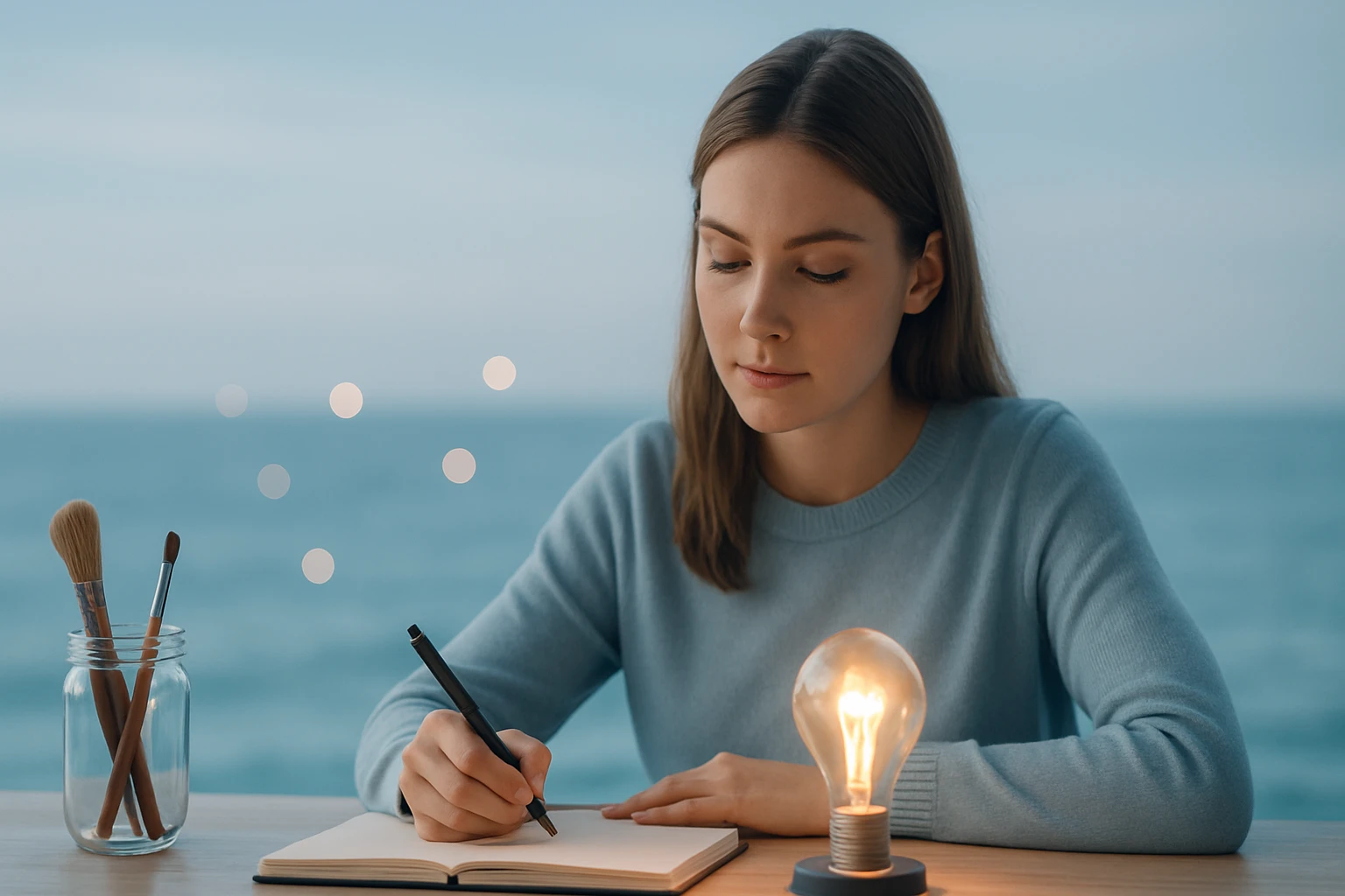 Egy fiatal nő ül egy asztalnál, jegyzetfüzetbe ír, mellette világító izzó és ecsetek.