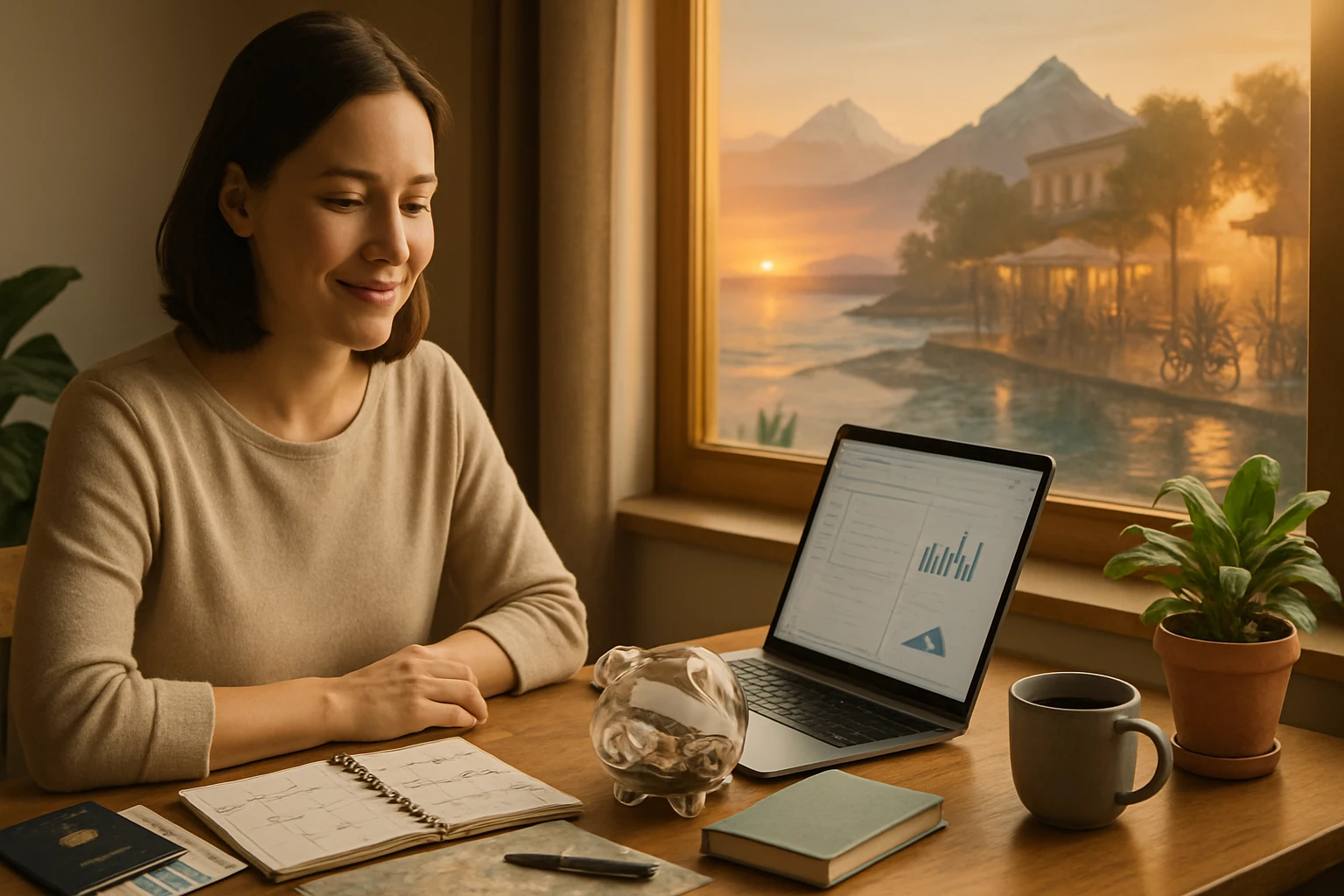 Egy nő mosolyogva ül az íróasztalánál, laptopja előtt, naplementés tájjal a háttérben.