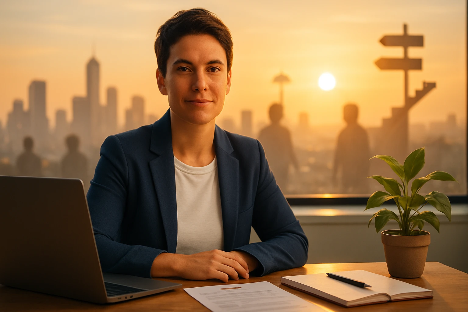 Egy fiatal nő ül egy asztalnál, háttérben városi táj és naplemente.