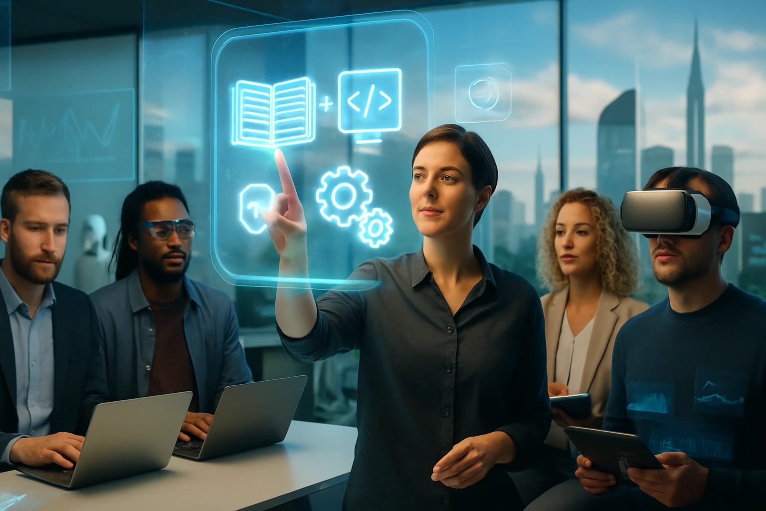 Egy nő interaktív hologramot kezel, miközben négy ember figyeli a prezentációt.