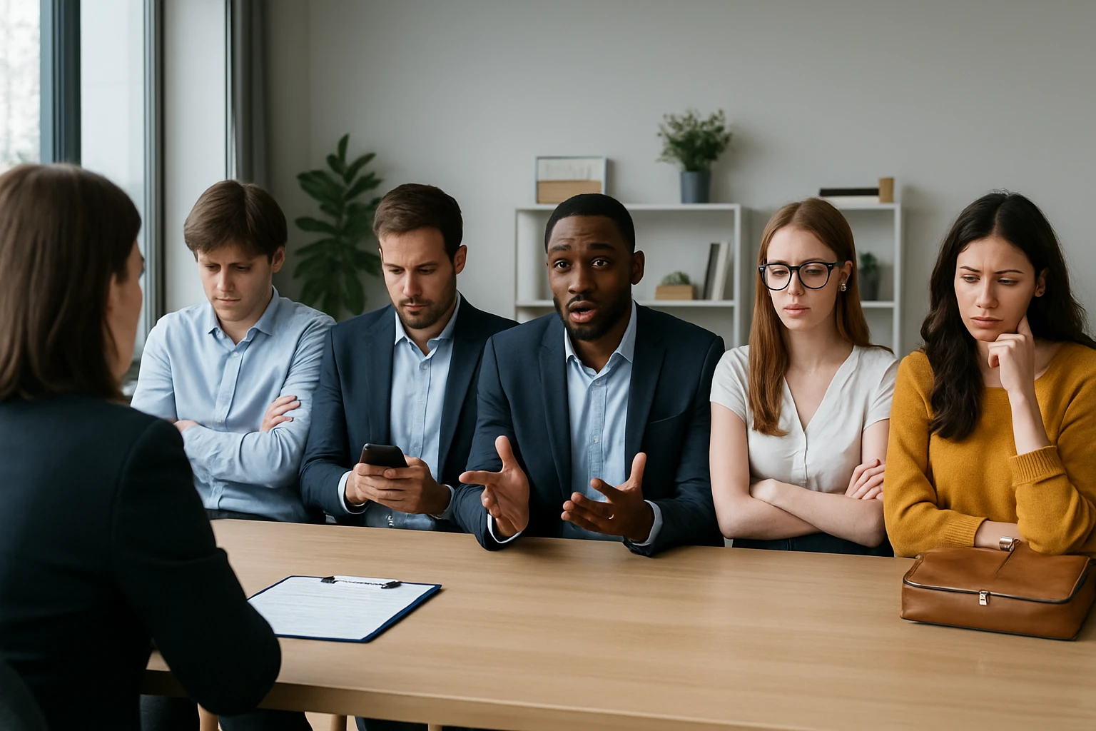 Egy interjún részt vevő öt ember ül egy asztalnál, az egyik beszél.