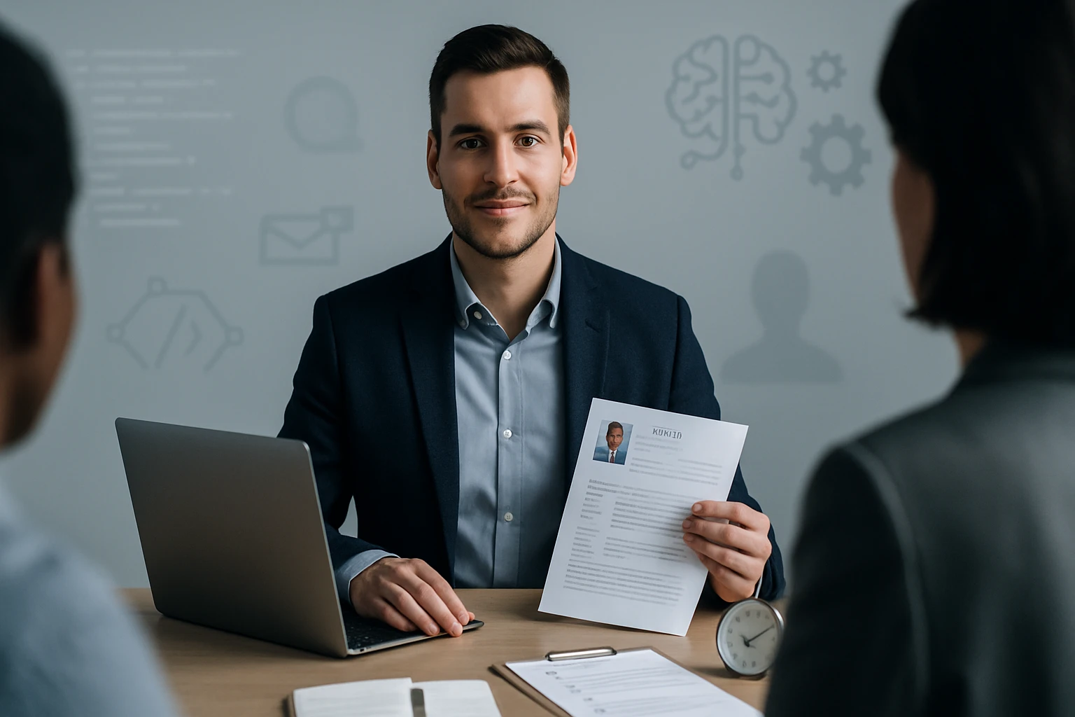 Egy fiatal férfi interjún ül, kezében az önéletrajza, háttérben laptop.